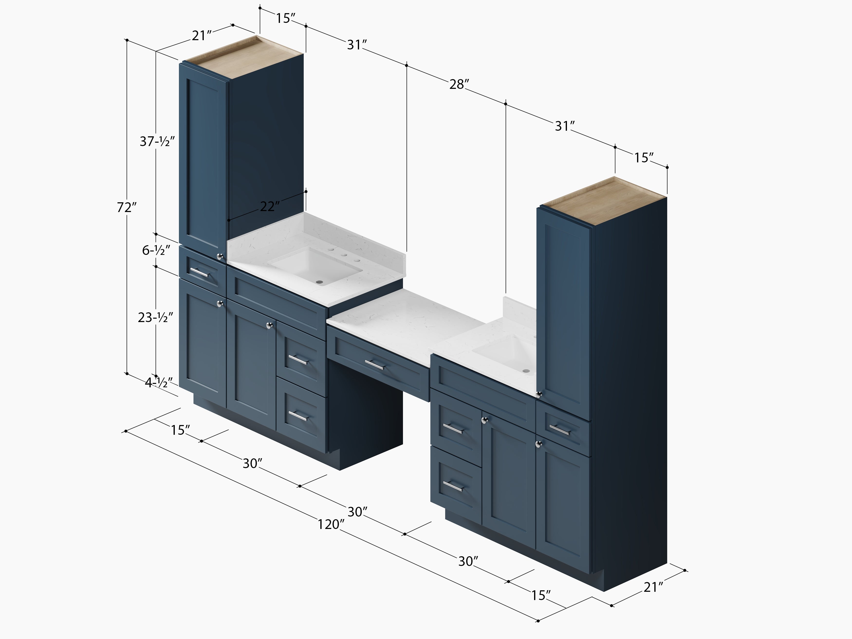 Disar 120'' Double Bathroom Vanity With Desk Linen Tall Cabinet Dovetail Solid Wood Drawer Carrara Quartz Top, Drawer 7