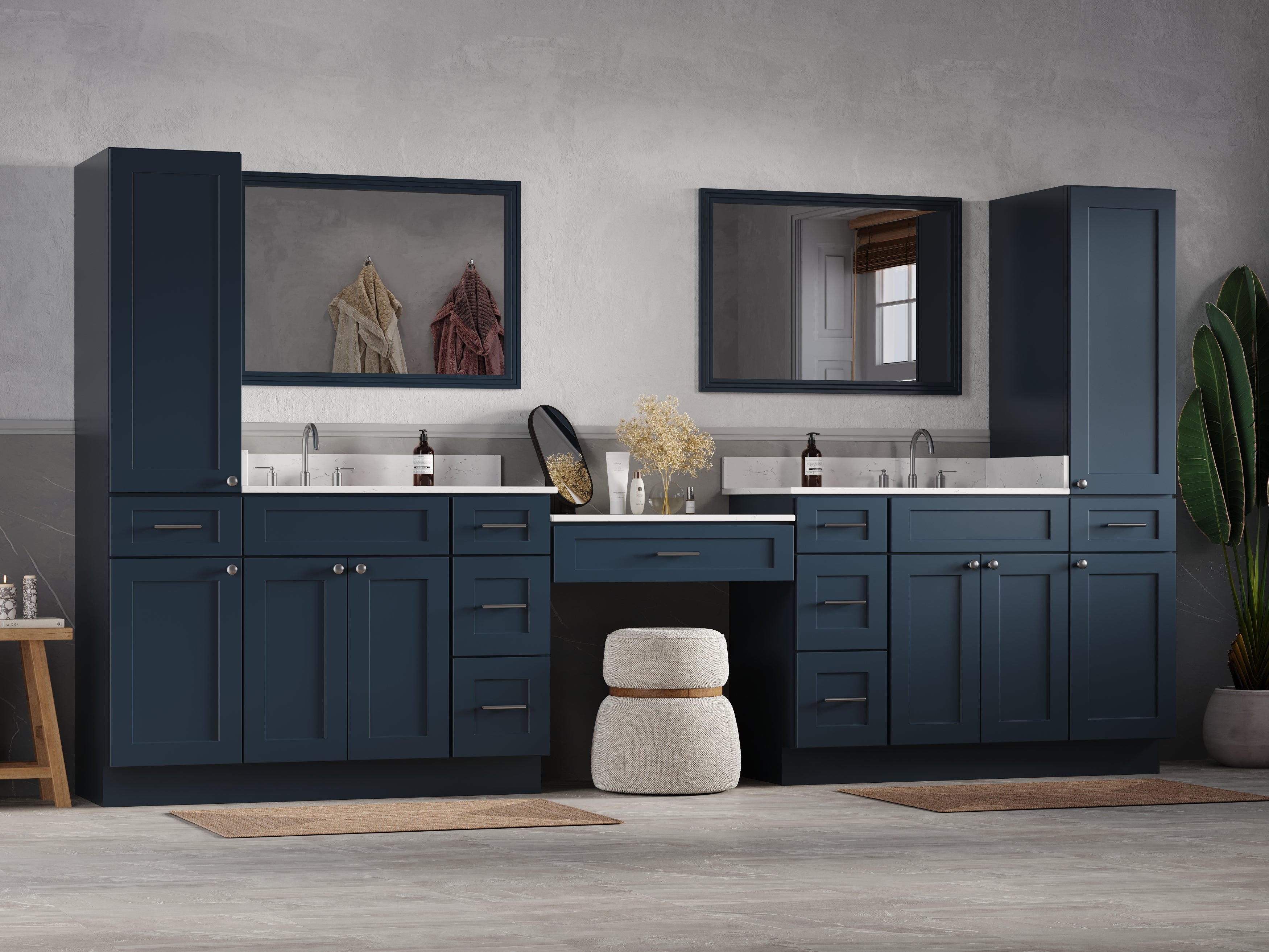 Disar 132'' Double Bathroom Vanity With Desk Linen Tall Cabinet Dovetail Solid Wood Drawer Carrara Quartz Top, Drawer 9