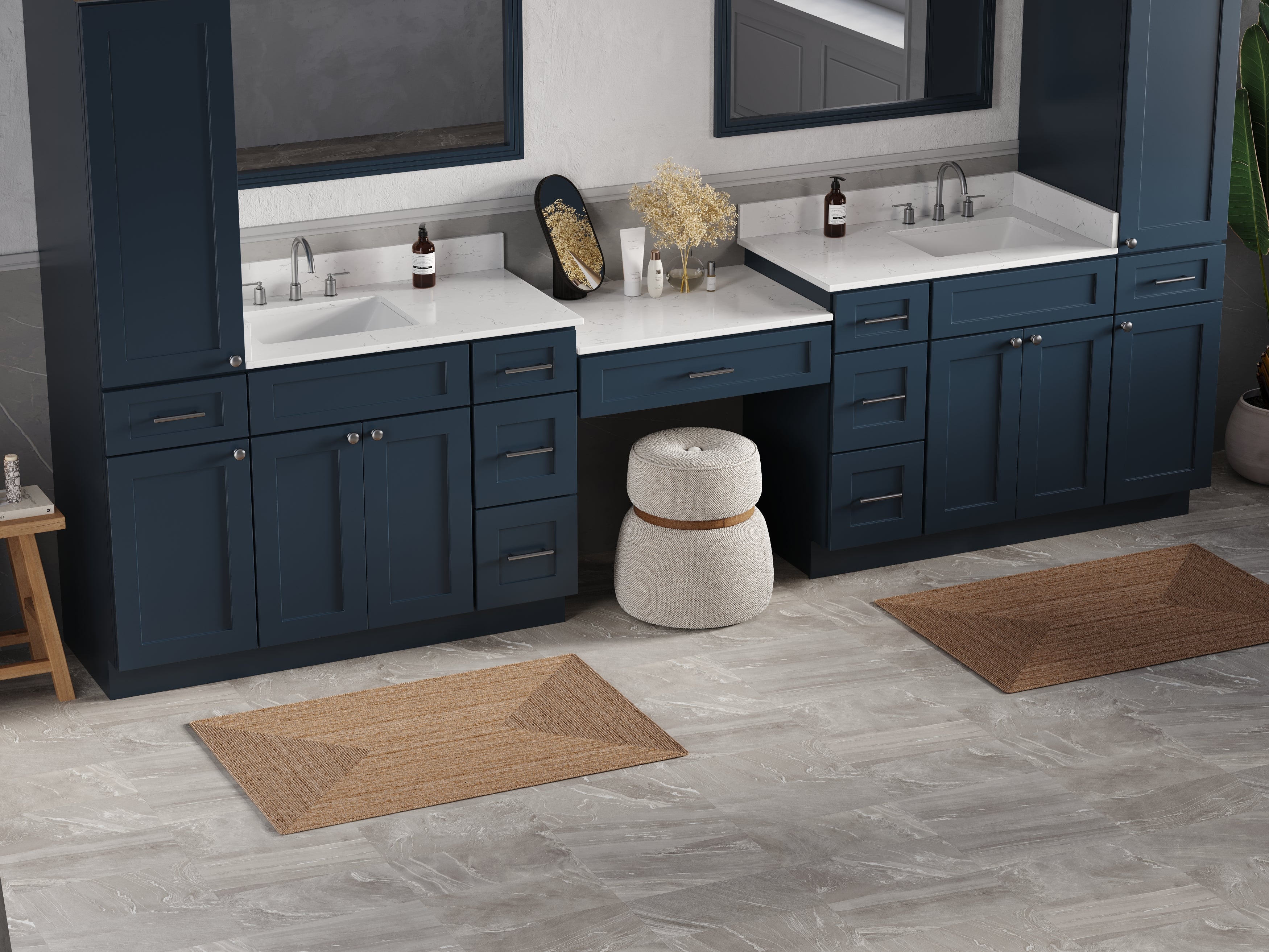 Disar 132'' Double Bathroom Vanity With Desk Linen Tall Cabinet Dovetail Solid Wood Drawer Carrara Quartz Top, Drawer 9