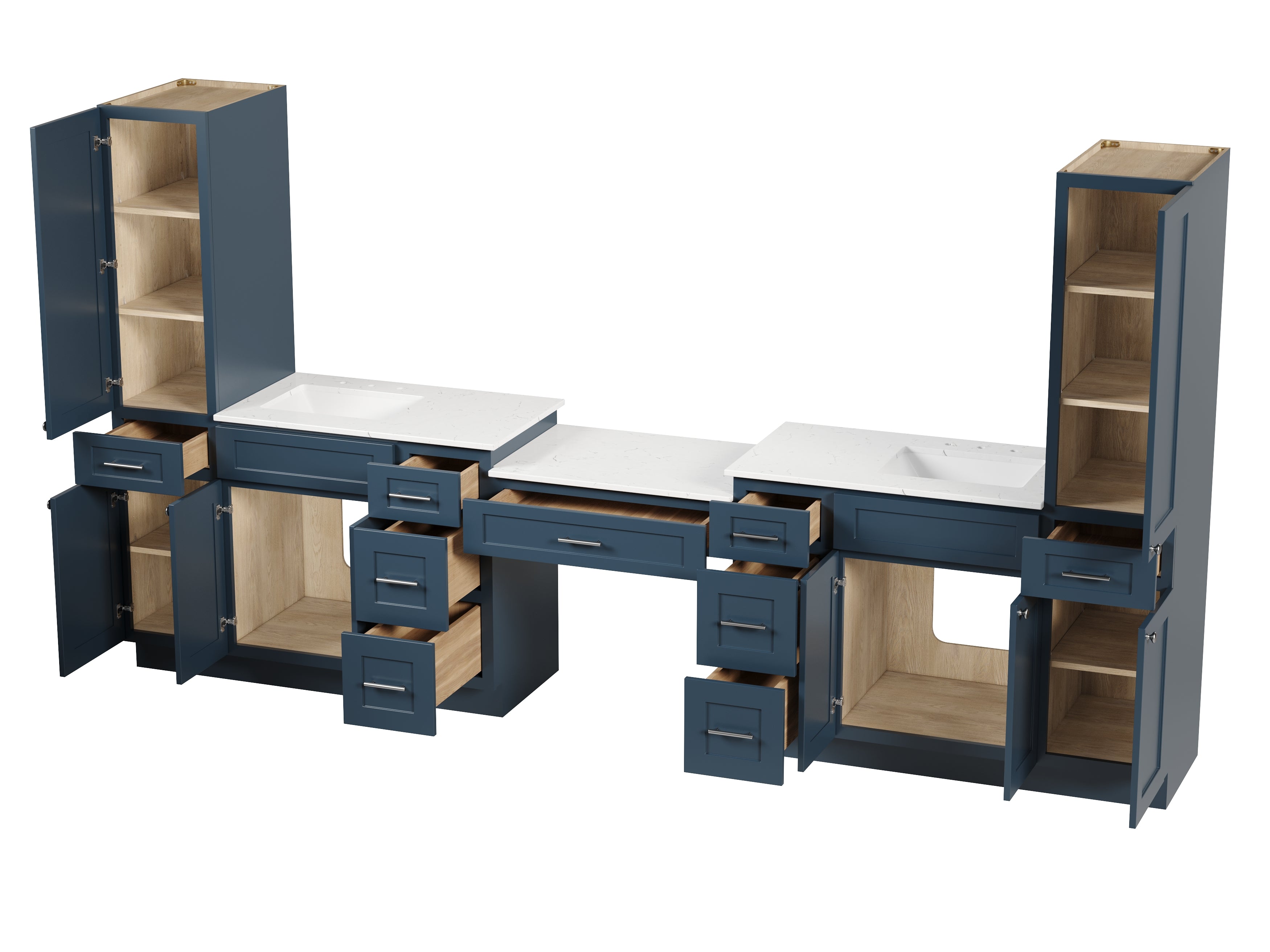 Disar 132'' Double Bathroom Vanity With Desk Linen Tall Cabinet Dovetail Solid Wood Drawer Carrara Quartz Top, Drawer 9