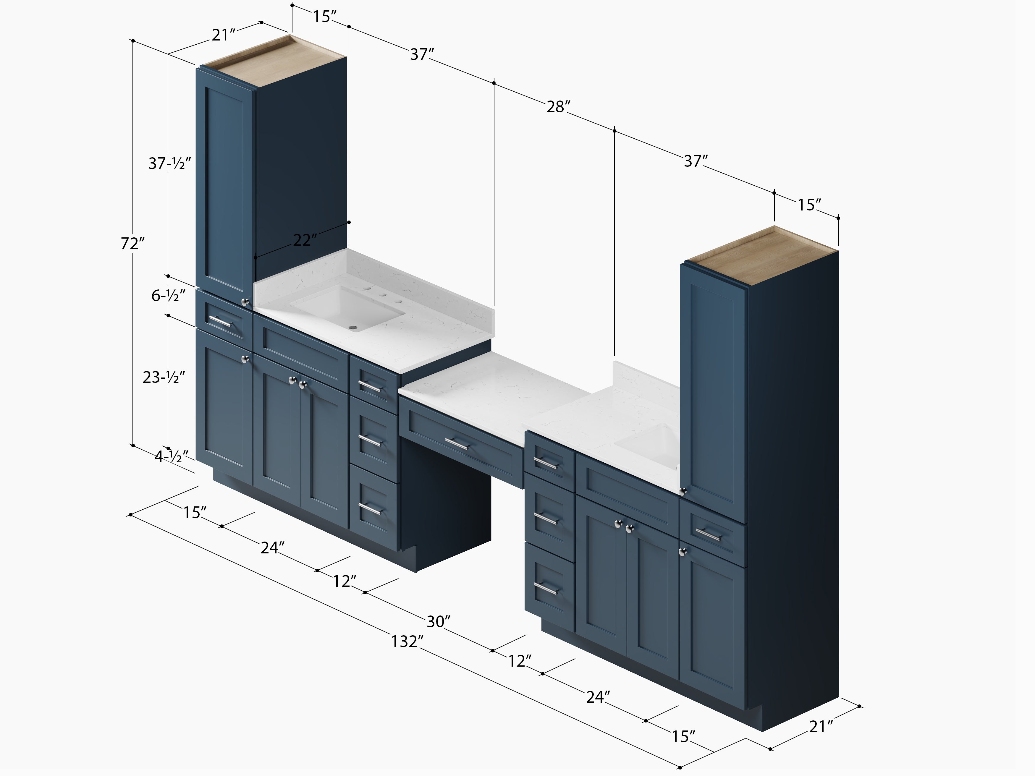 Disar 132'' Double Bathroom Vanity With Desk Linen Tall Cabinet Dovetail Solid Wood Drawer Carrara Quartz Top, Drawer 9
