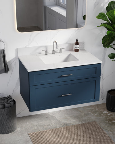 [color:Blue] 36" Floating Wall Mounted Single Bathroom Vanity, Carrara Quartz Top - Blue finish side view