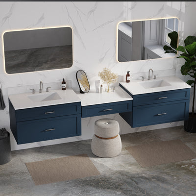 [color:Blue] 102" Floating Wall Mounted Double Bathroom Vanity With Desk, Quartz Top - Blue side view
