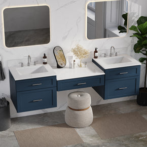 78" Floating Wall Mounted Double Bathroom Vanity With Desk Carrara Quartz Top
