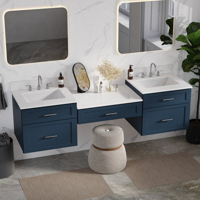 [color:Blue] 78" Floating Wall Mounted Double Bathroom Vanity With Desk, Quartz Top - Blue side view