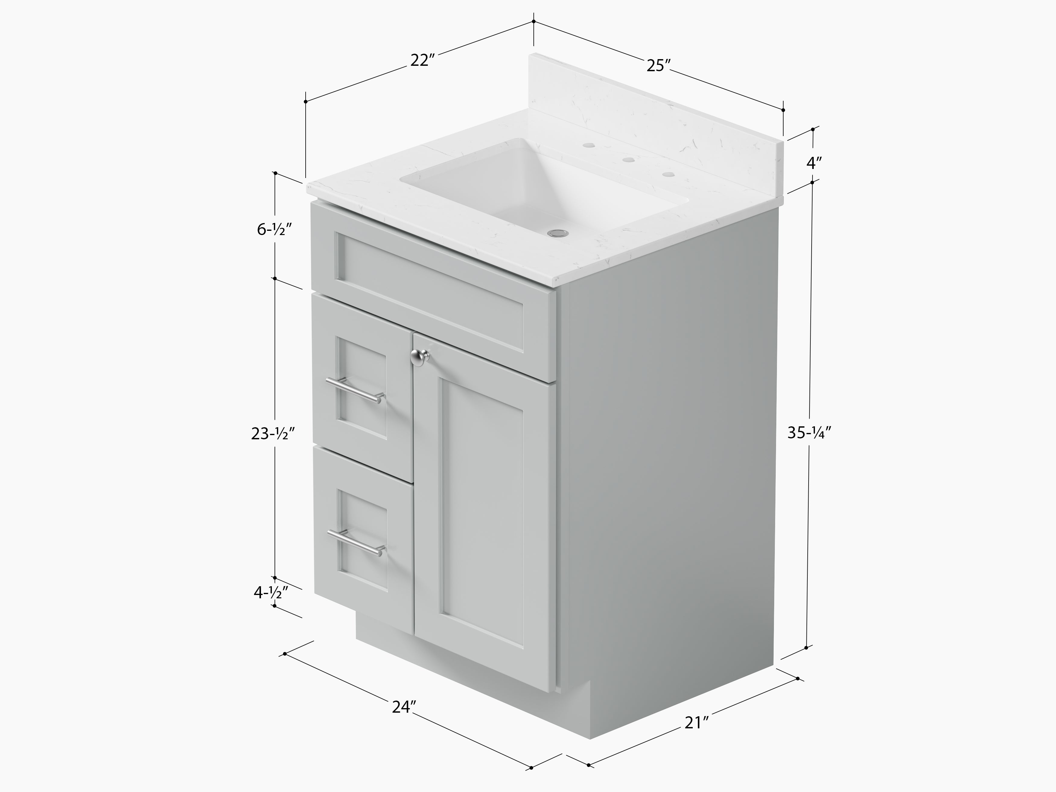 Disar 24" drawer left White Bathroom Vanity Sink with Quartz Top