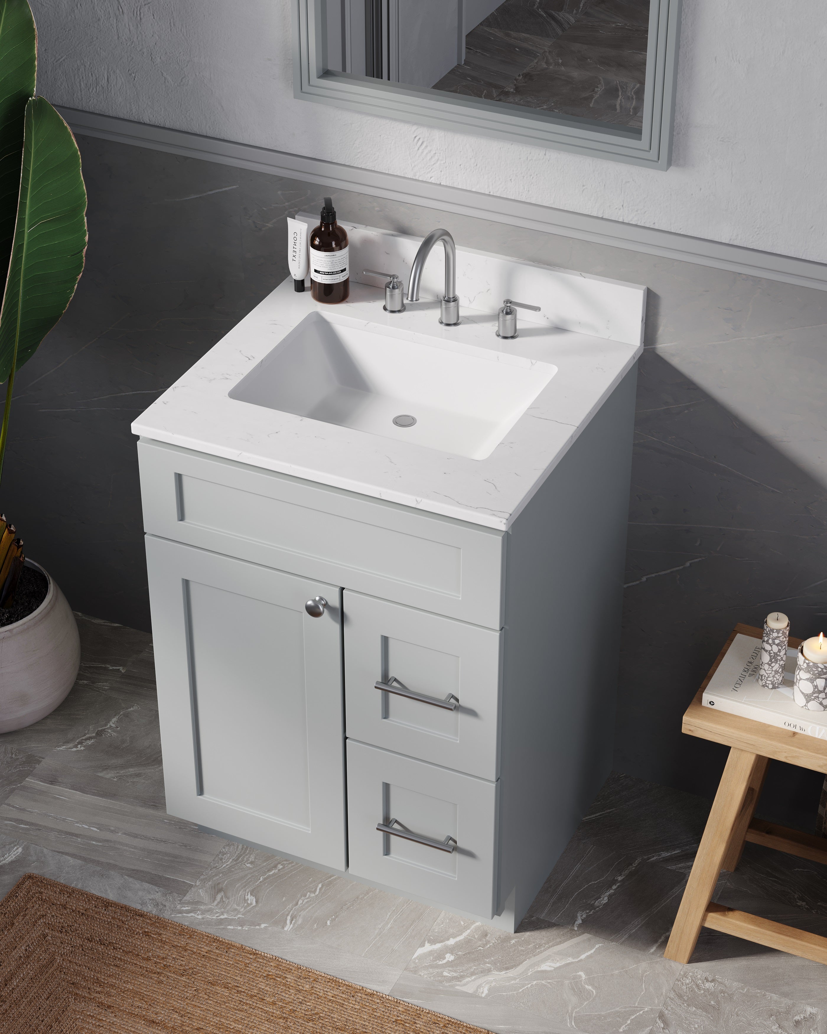 Disar 24" drawer Right White Bathroom Vanity Sink with Quartz Top