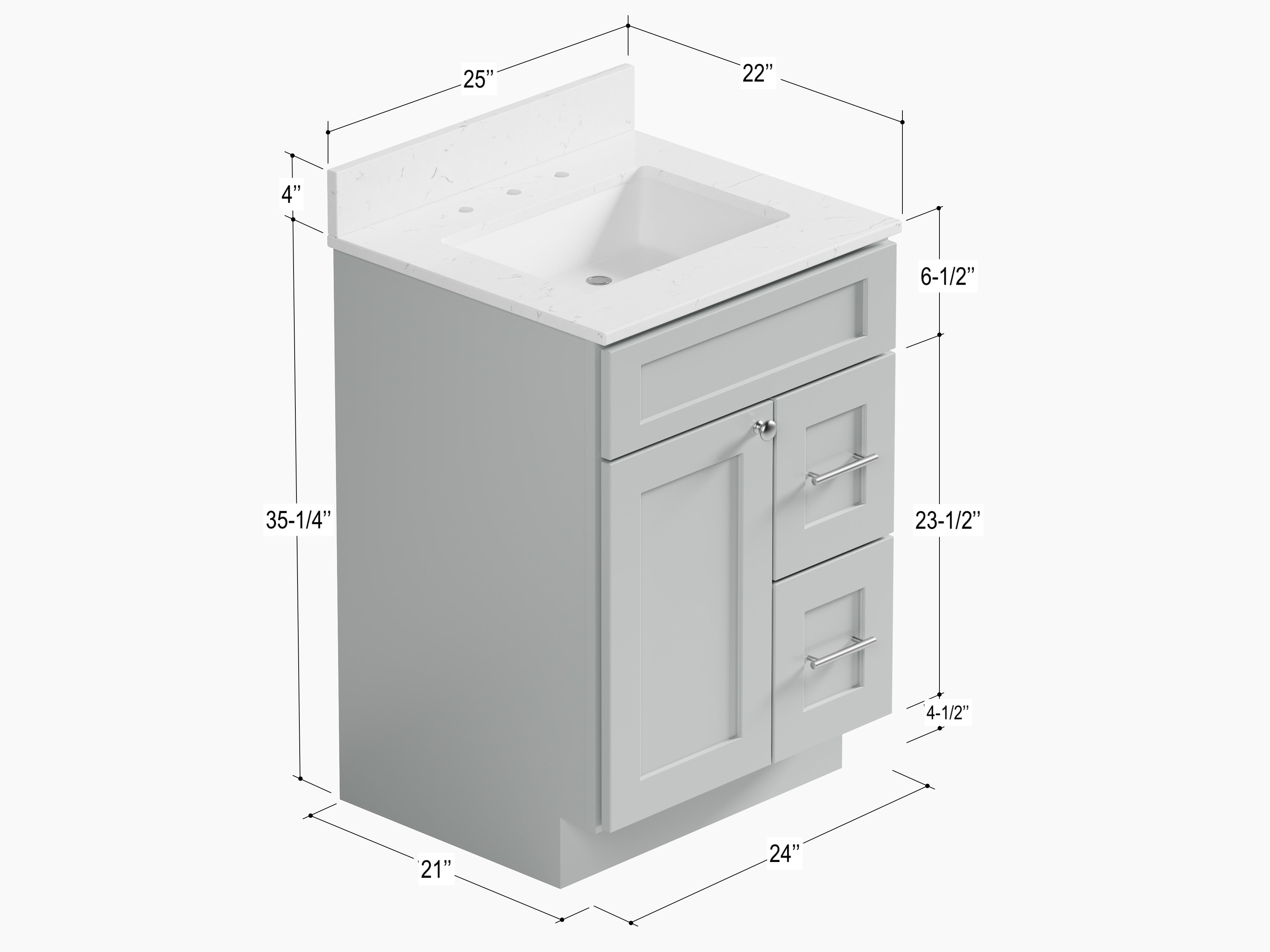 Disar 24" drawer Right White Bathroom Vanity Sink with Quartz Top