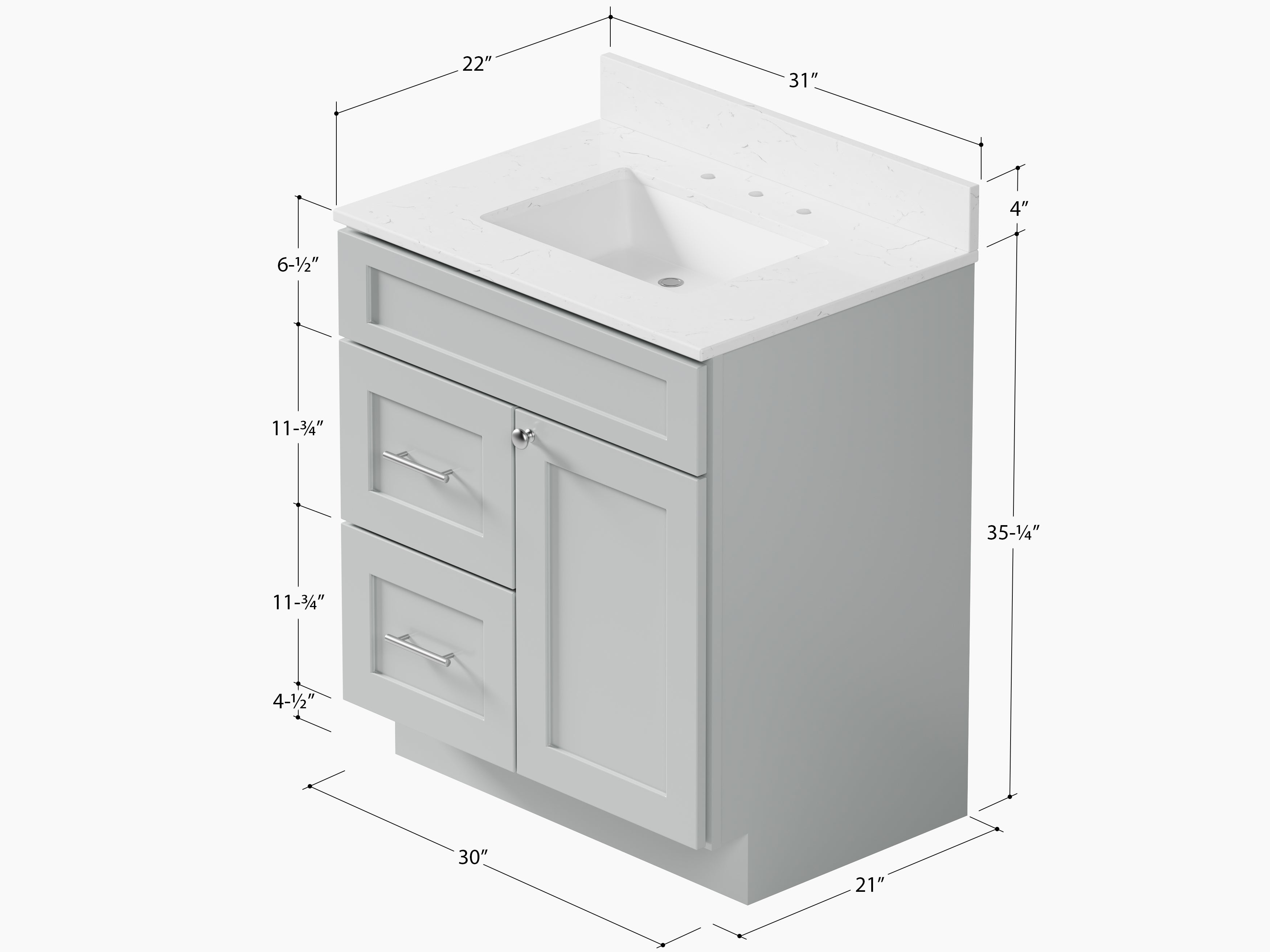 Disar 30" drawer left White Bathroom Vanity Sink with Quartz Top