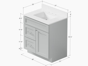 Disar 30" drawer left White Bathroom Vanity Sink with Quartz Top