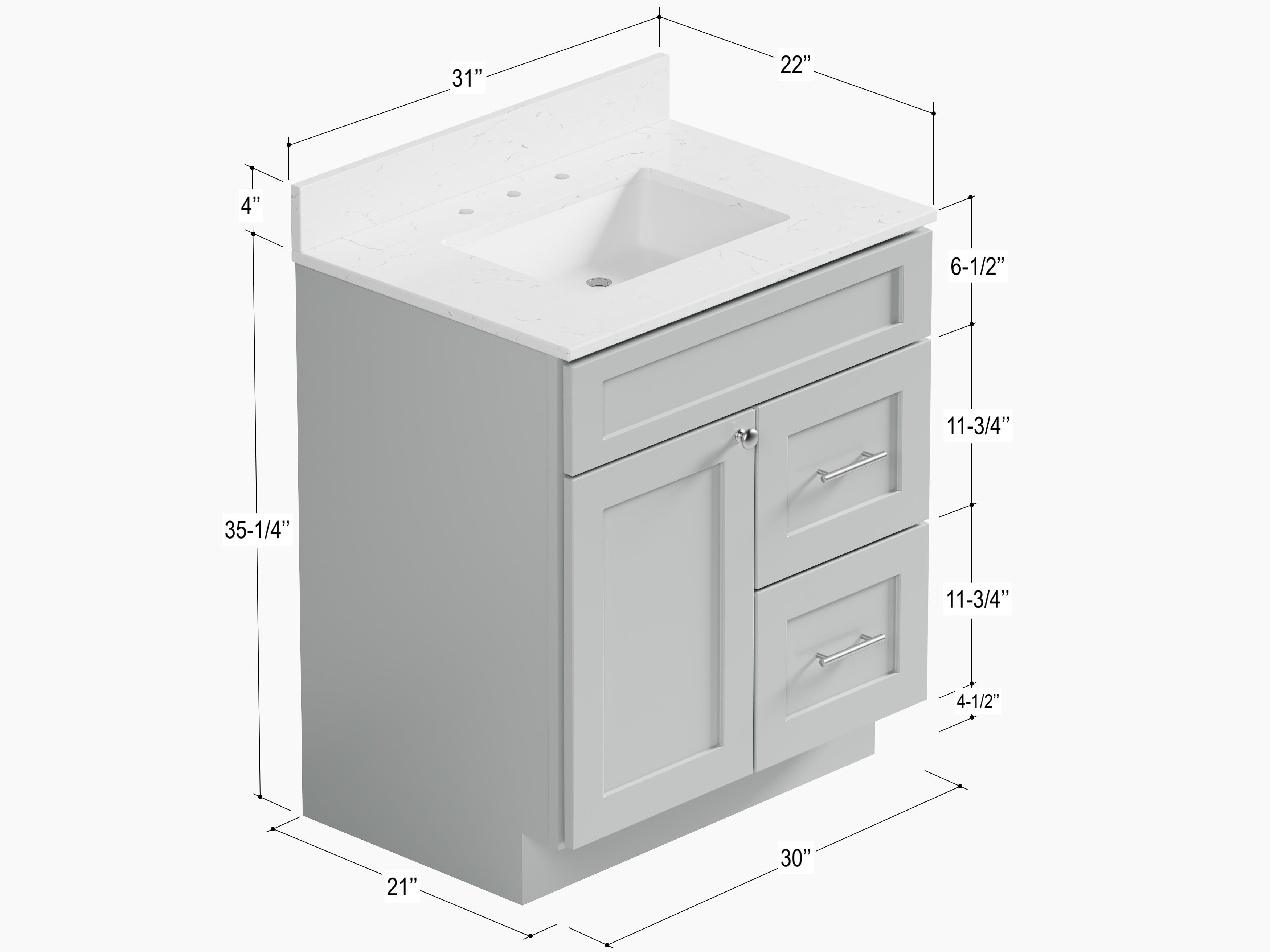 Disar 30 x 21 Inch Drawer Right  Bathroom Vanity White Single Sink