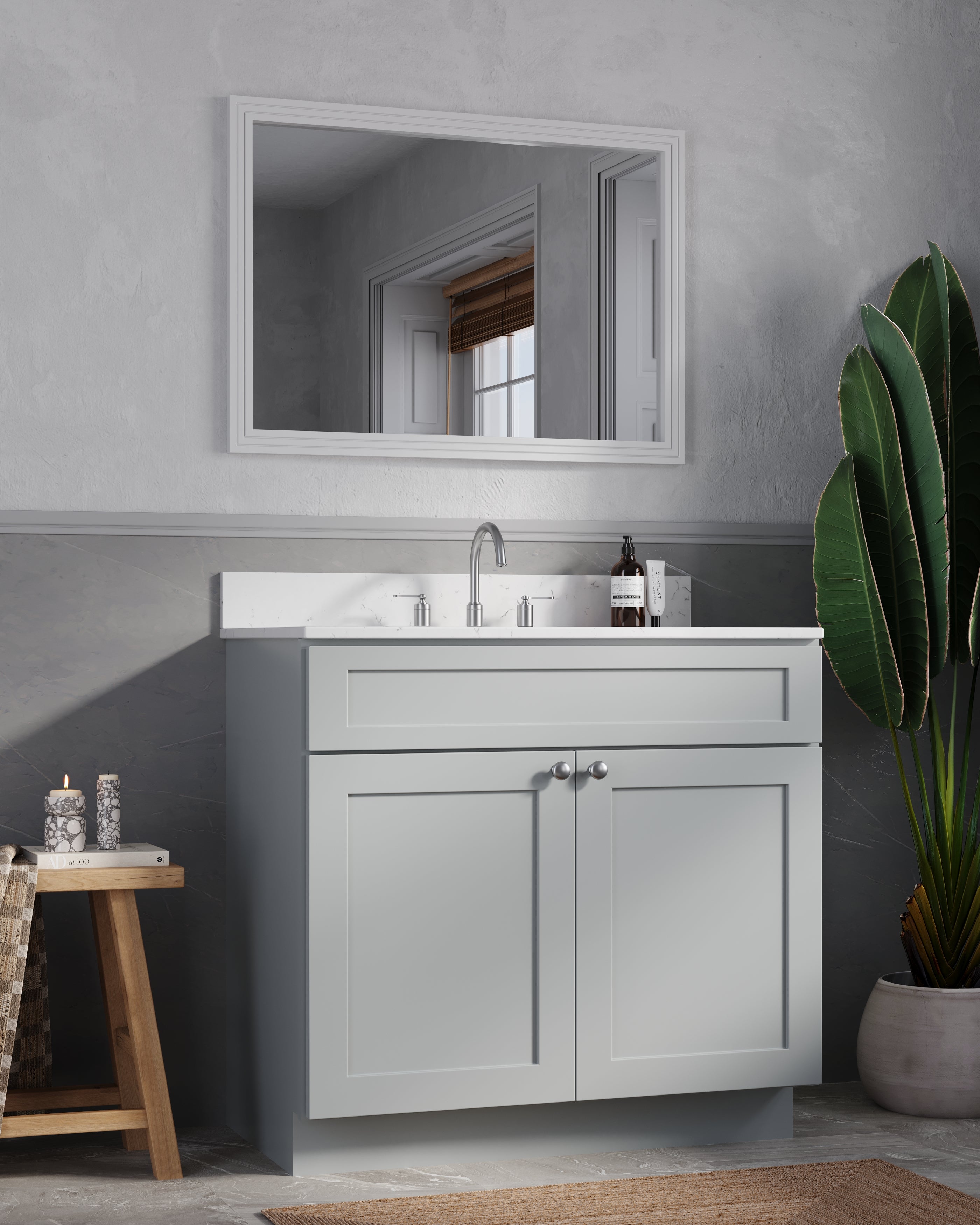 Disar 36 Inch Bathroom Vanity White Single Sink with Calacatta Quartz Top