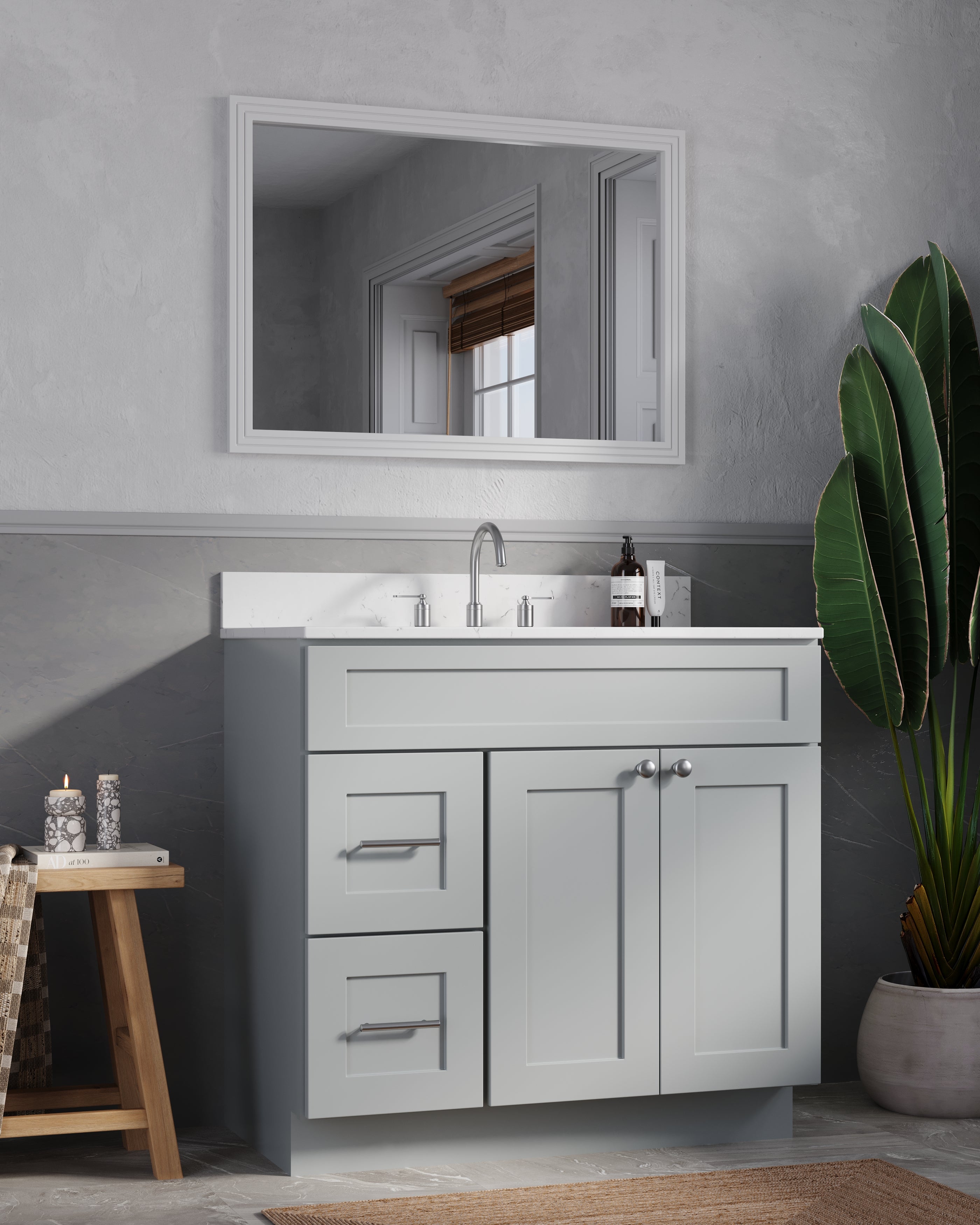 Disar 36'' White Bathroom Vanity with Calacatta Quartz Top and Left Drawers
