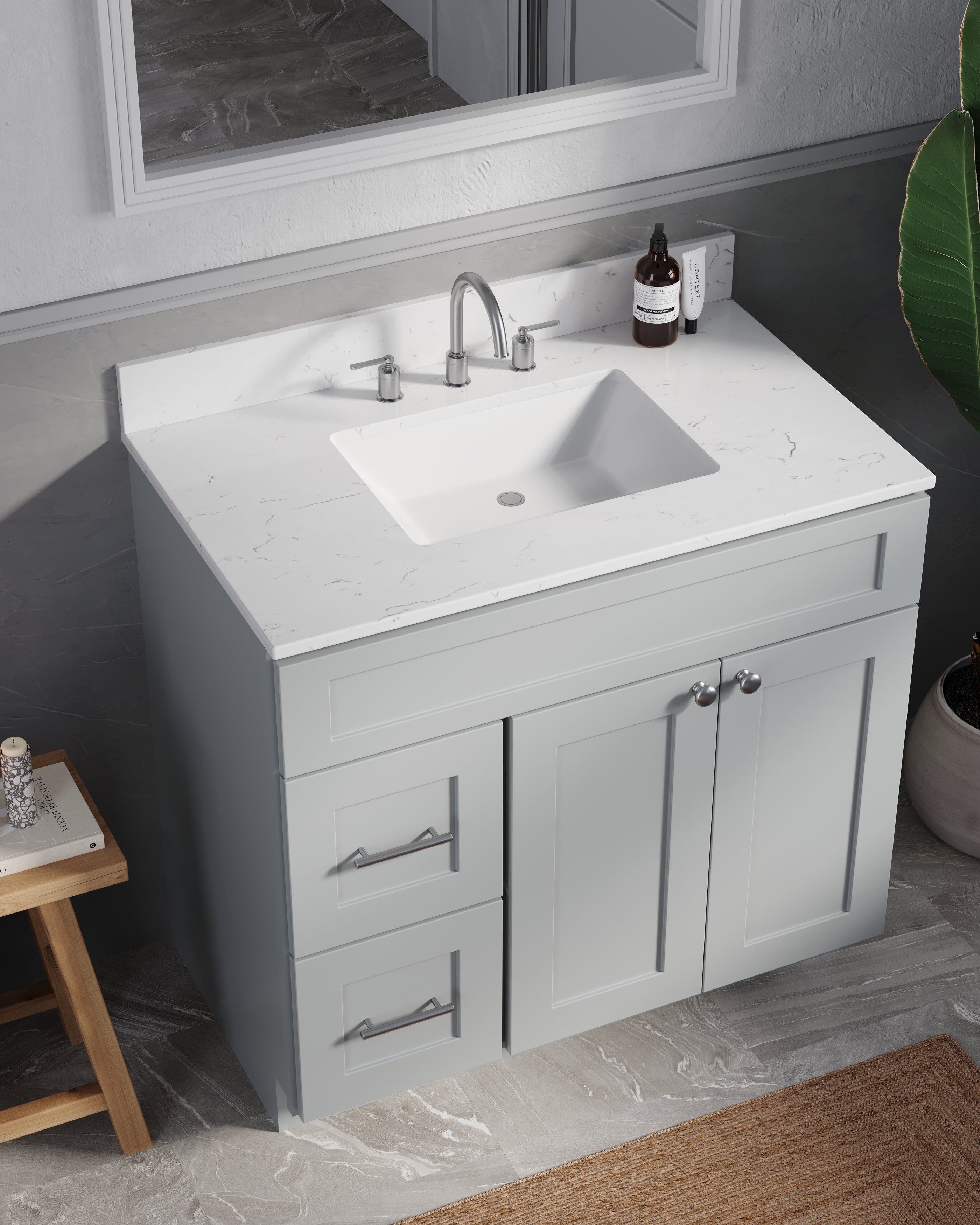 Disar 36'' White Bathroom Vanity with Calacatta Quartz Top and Left Drawers