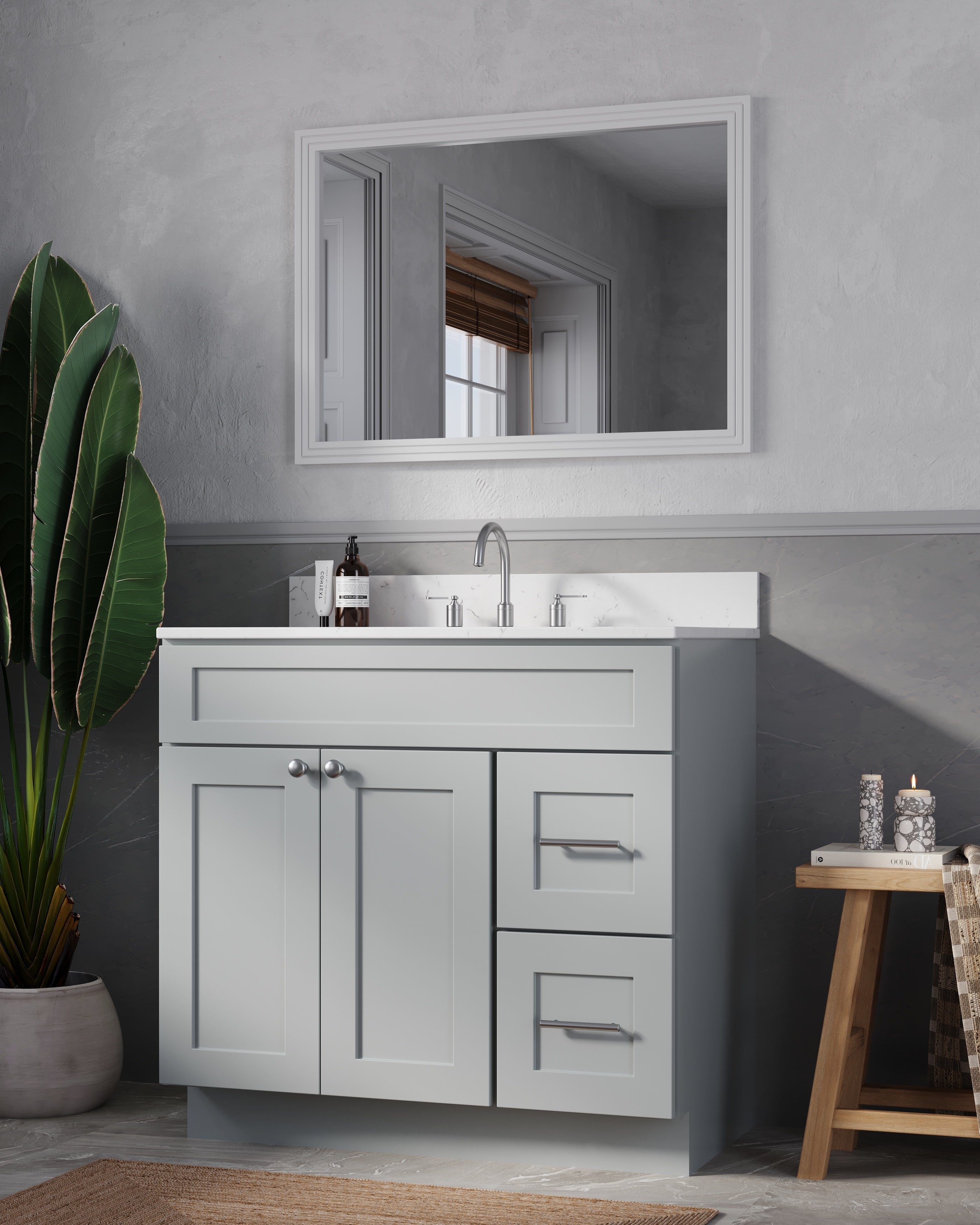 Disar 36'' White Bathroom Vanity with Calacatta Quartz Top and Right Drawers