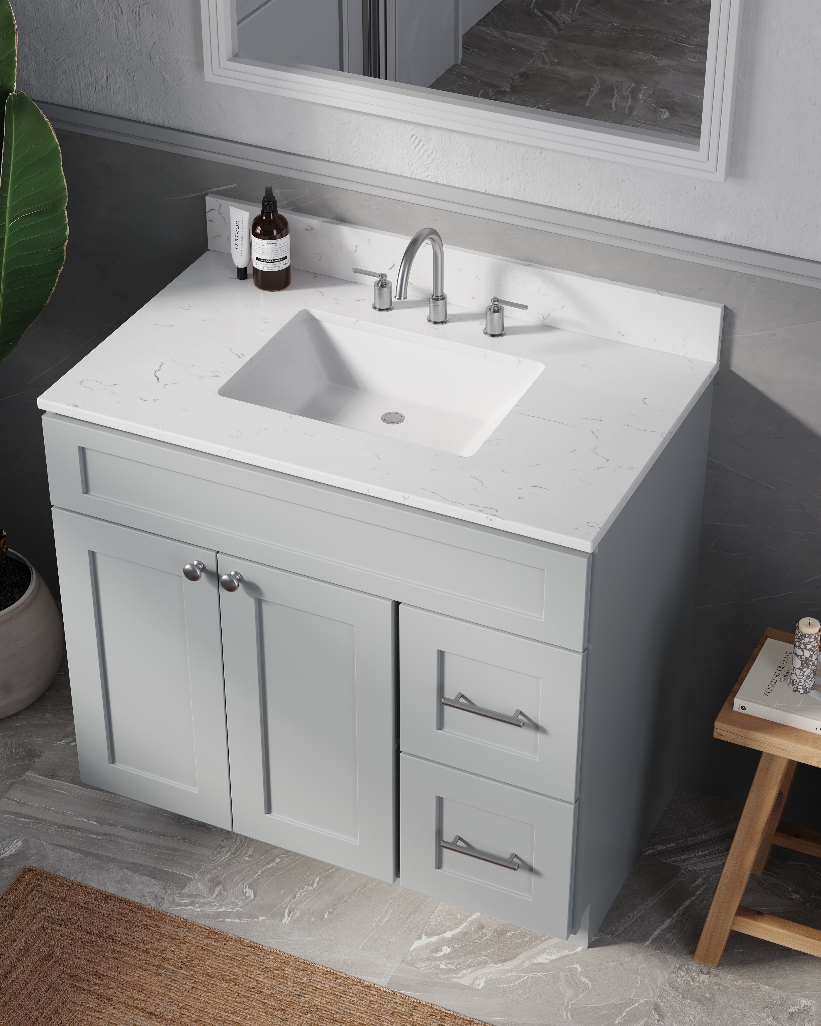 Disar 36'' White Bathroom Vanity with Calacatta Quartz Top and Right Drawers