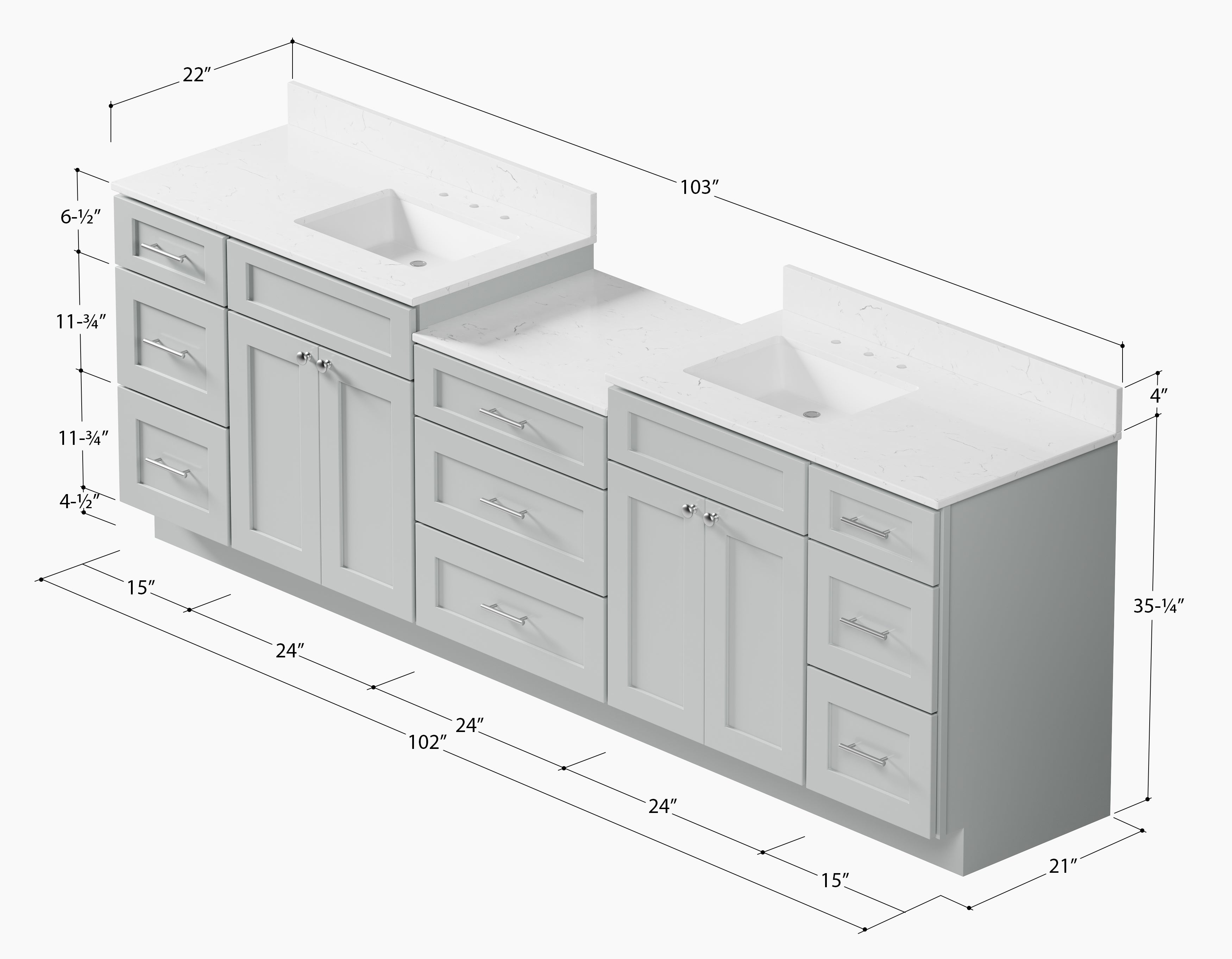 Disar 102'' Double Bathroom Vanity Cabinet Shaker Dovetail Solid Wood Drawer Carrara Quartz Top
