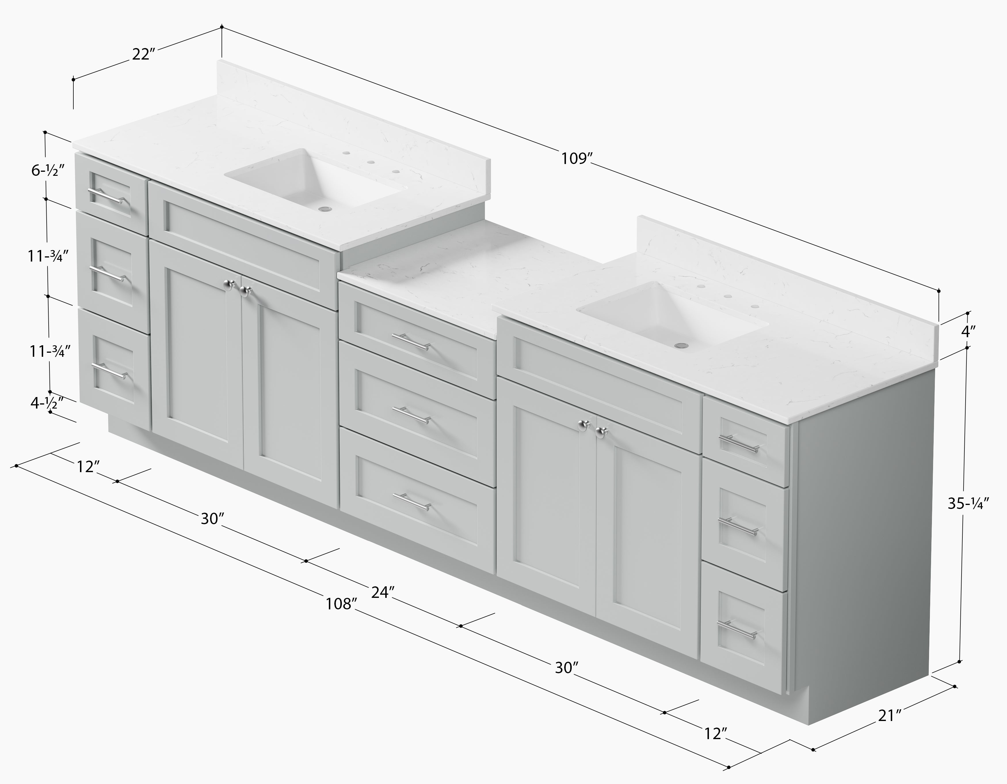 108'' Double Bathroom Vanity Cabinet Shaker Dovetail Solid Wood Drawer Carrara Quartz Top