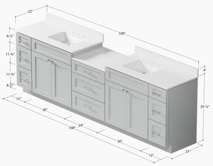 108'' Double Bathroom Vanity Cabinet Shaker Dovetail Solid Wood Drawer Carrara Quartz Top