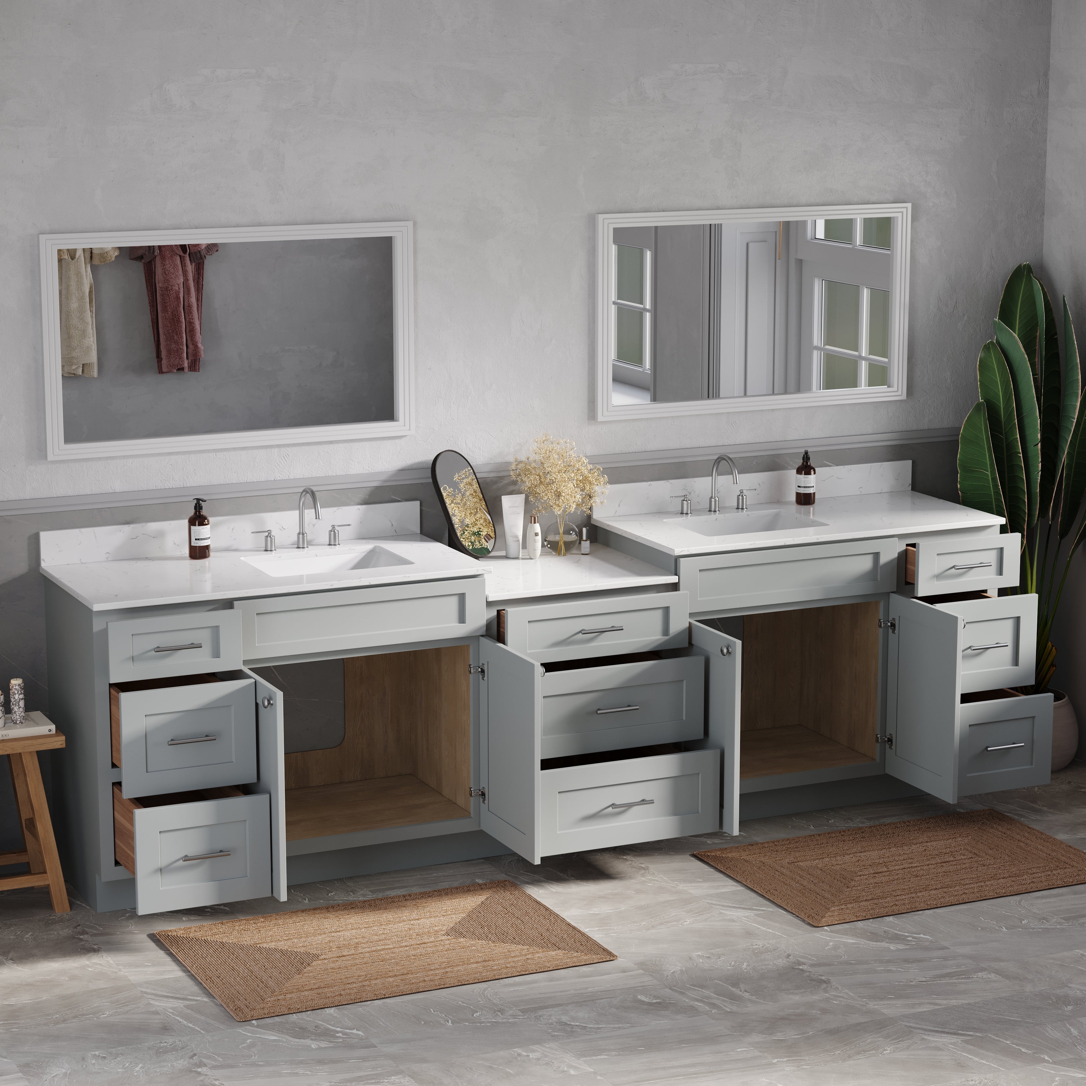 114'' Double Bathroom Vanity Cabinet Shaker Dovetail Solid Wood Drawer Carrara Quartz Top