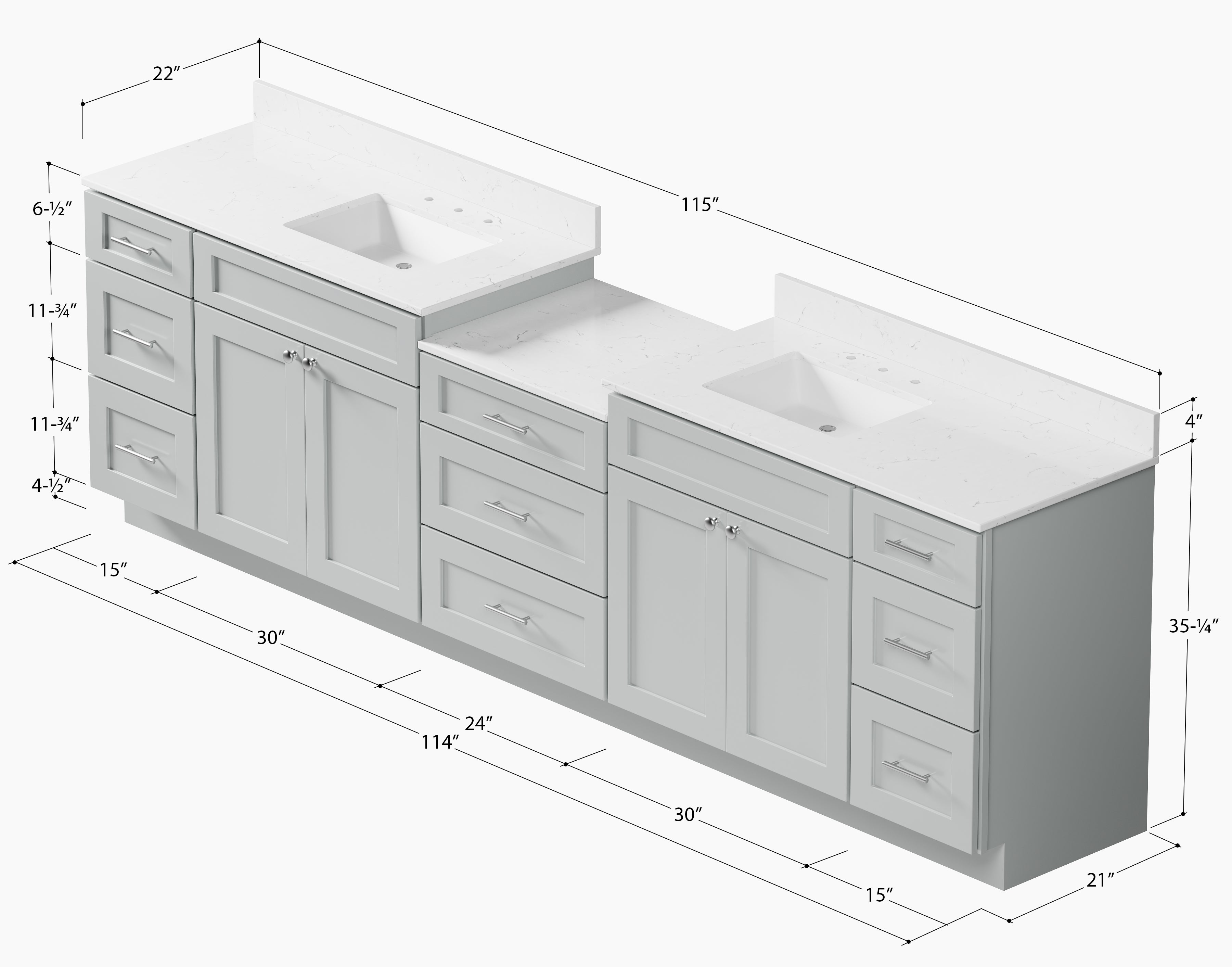 114'' Double Bathroom Vanity Cabinet Shaker Dovetail Solid Wood Drawer Carrara Quartz Top