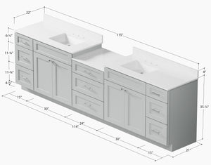 114'' Double Bathroom Vanity Cabinet Shaker Dovetail Solid Wood Drawer Carrara Quartz Top