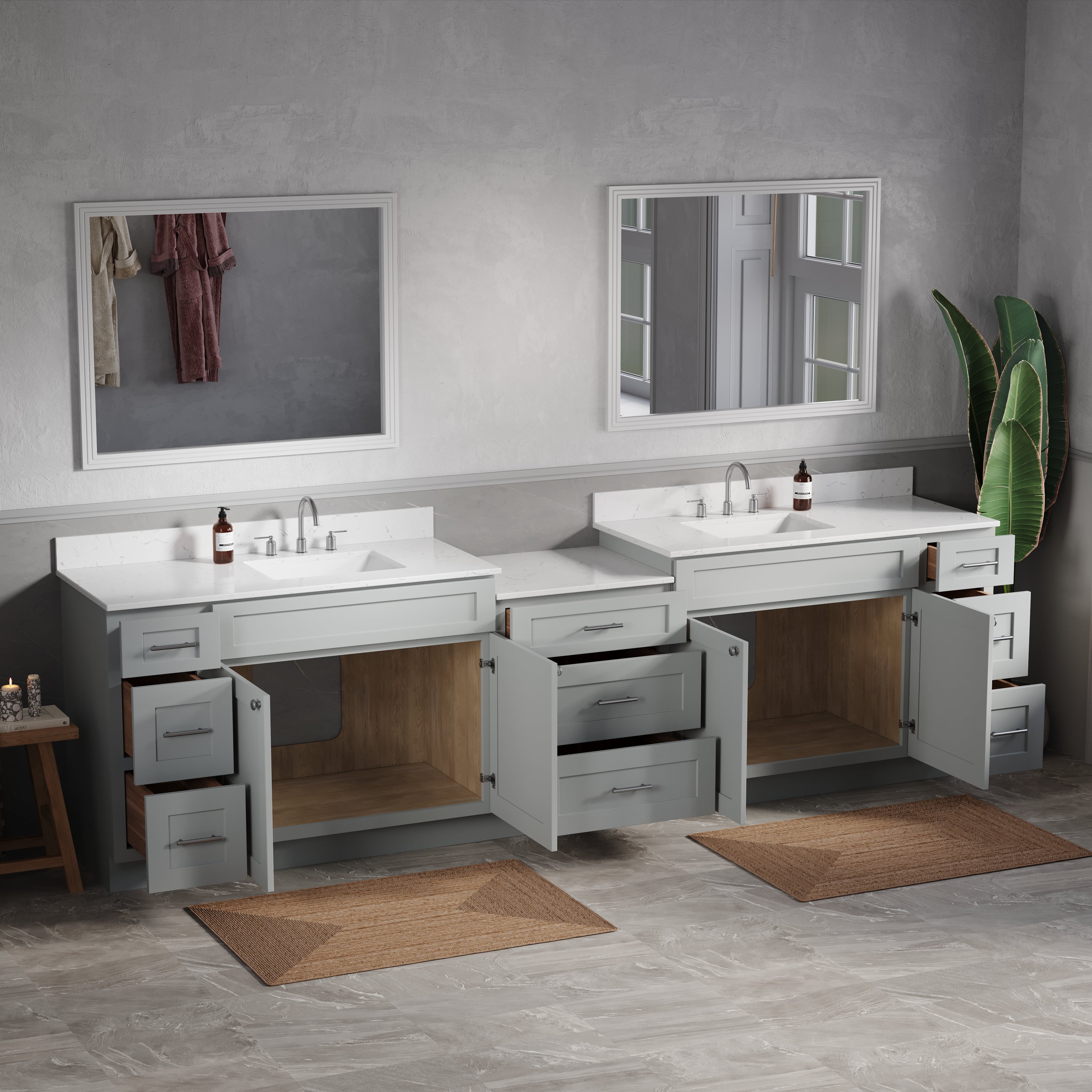 120'' Double Bathroom Vanity Cabinet Shaker Dovetail Solid Wood Drawer Carrara Quartz Top