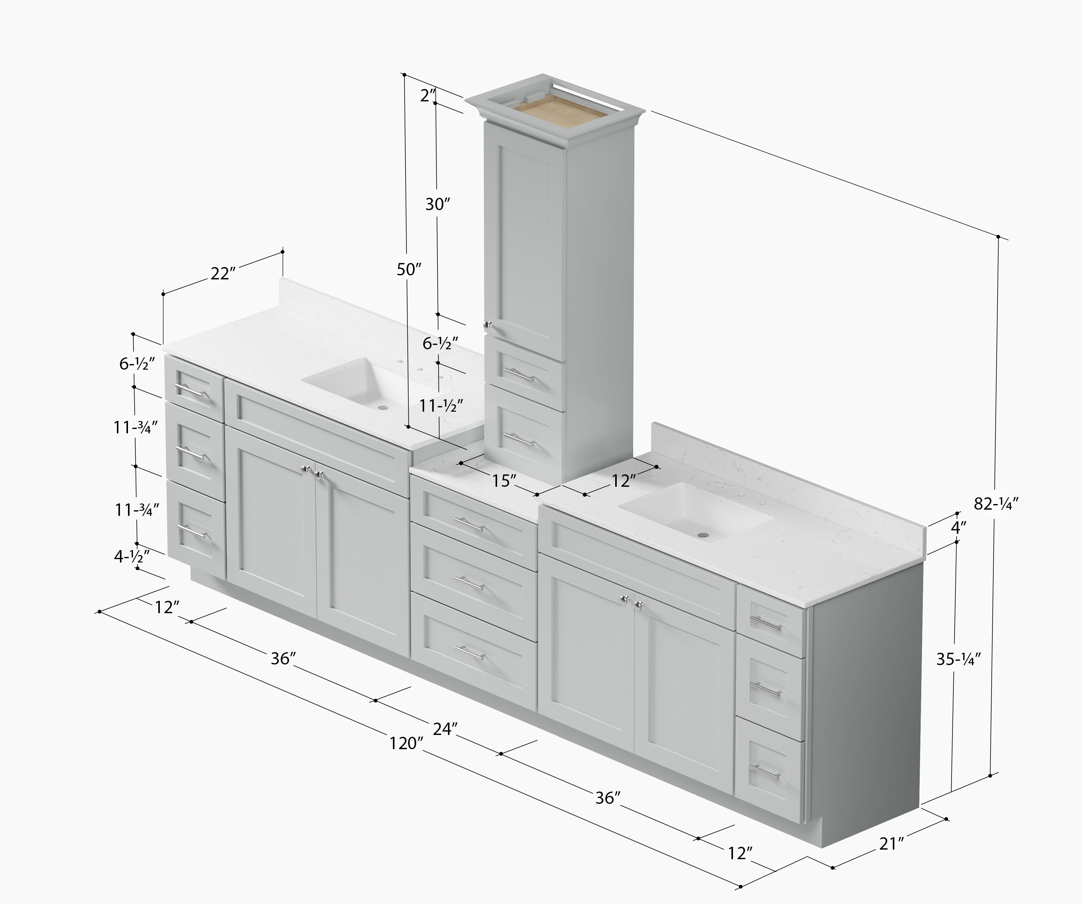120'' Double Bathroom Vanity With Counter Top Tall Cabinet Shaker Dovetail Solid Wood Drawer Carrara Quartz Top