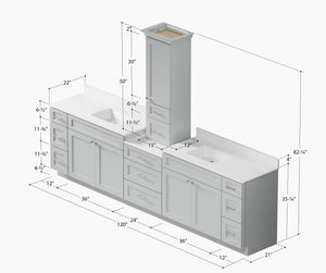 120'' Double Bathroom Vanity With Counter Top Tall Cabinet Shaker Dovetail Solid Wood Drawer Carrara Quartz Top