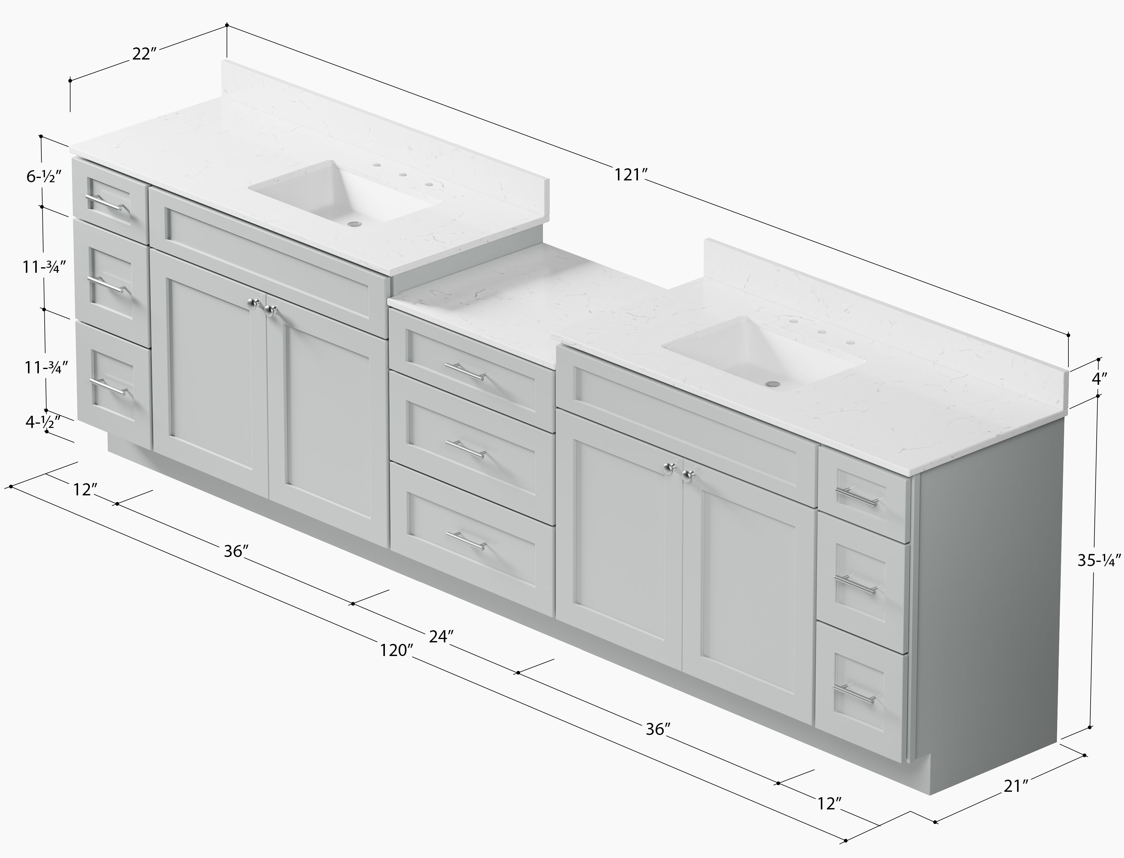 120'' Double Bathroom Vanity Cabinet Shaker Dovetail Solid Wood Drawer Carrara Quartz Top