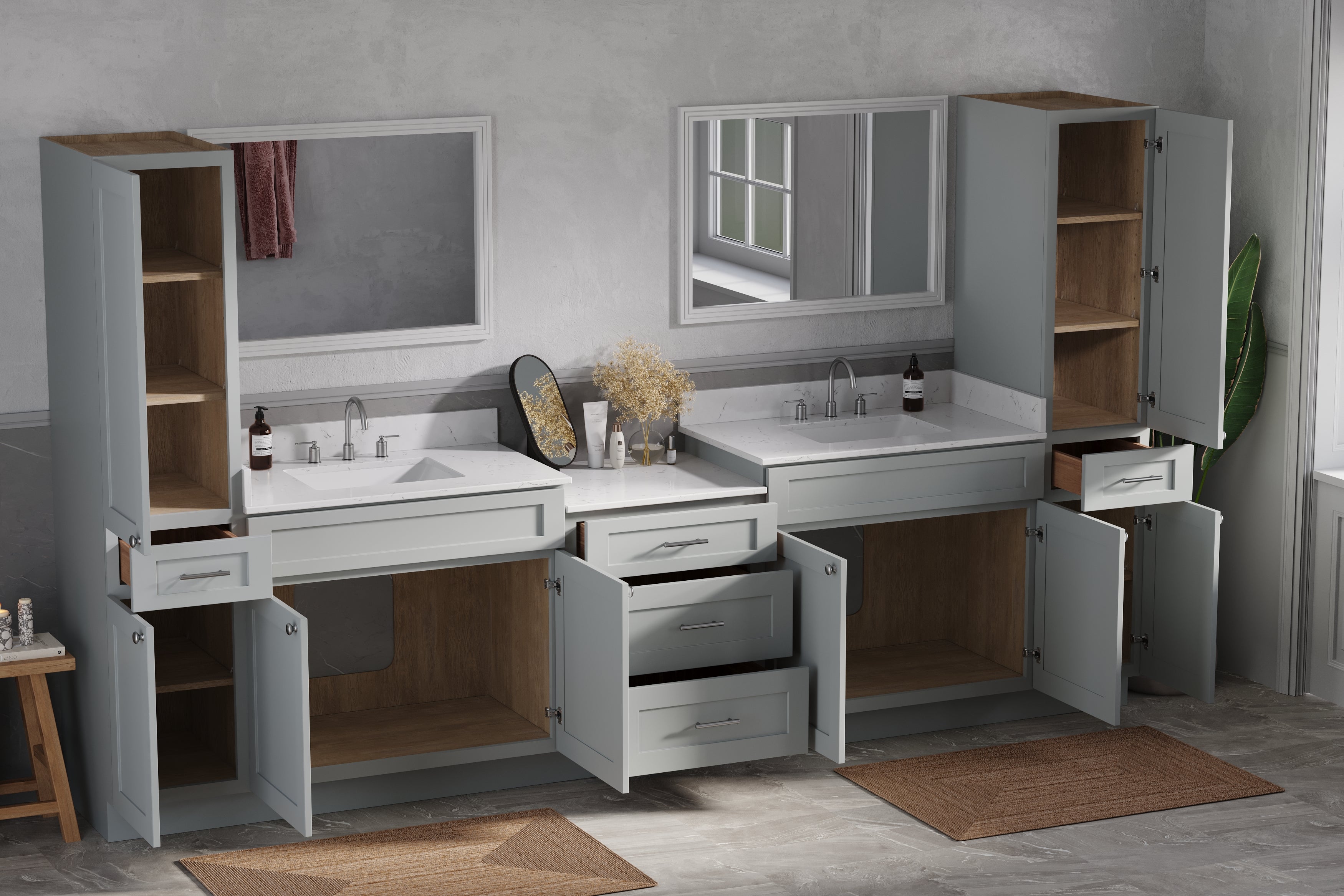 126'' Double Bathroom Vanity Cabinet Shaker Dovetail Solid Wood Drawer Carrara Quartz Top