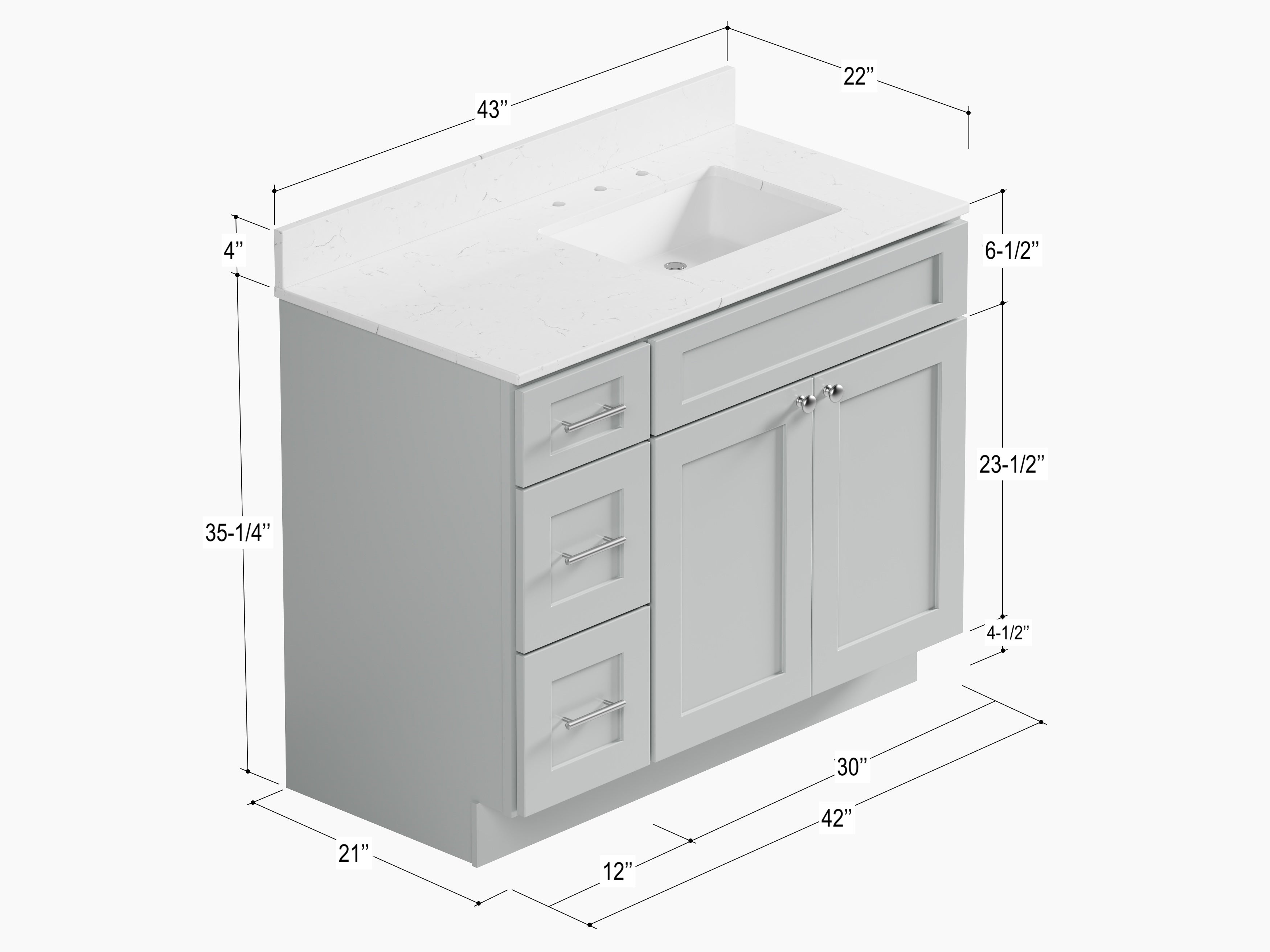 Disar 43'' Drawer Left Single Bathroom Vanity with Quartz Top