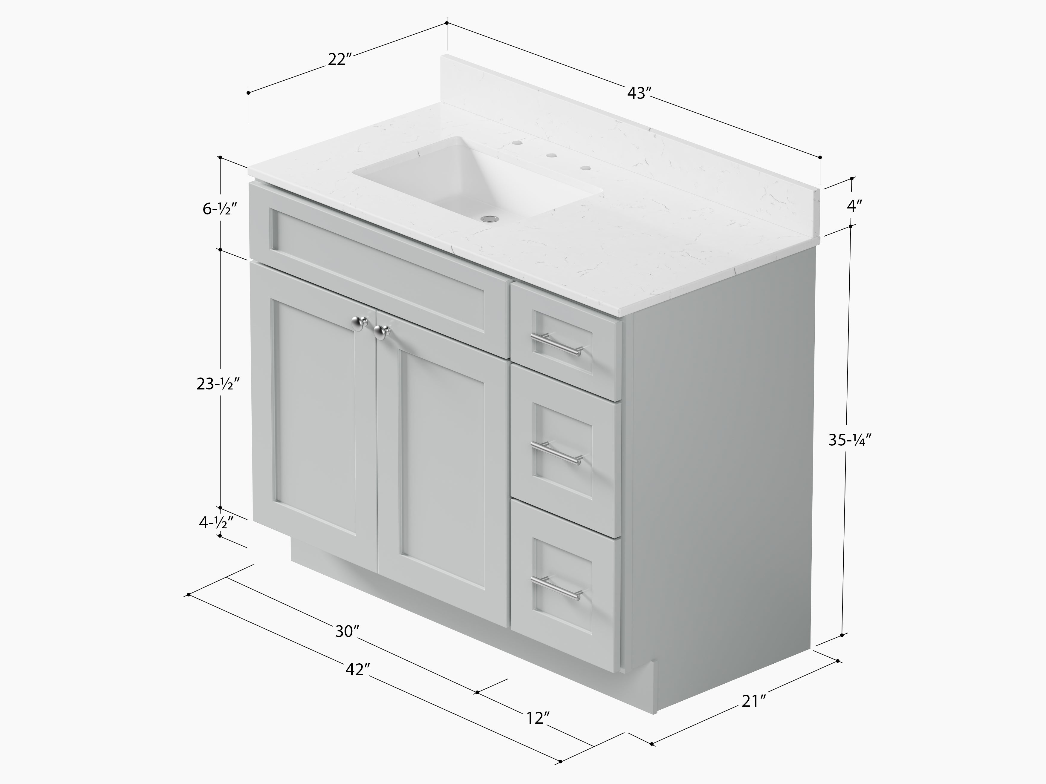 Disar 43'' Drawer Right Single Bathroom Vanity with Quartz Top