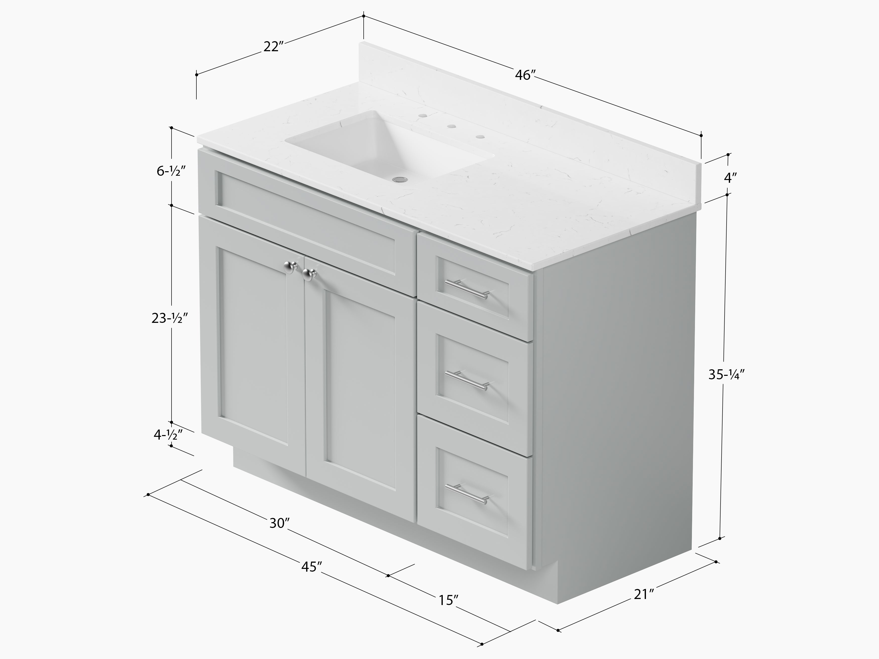 Disar 46'' Drawer Right Single Bathroom Vanity with Quartz Top