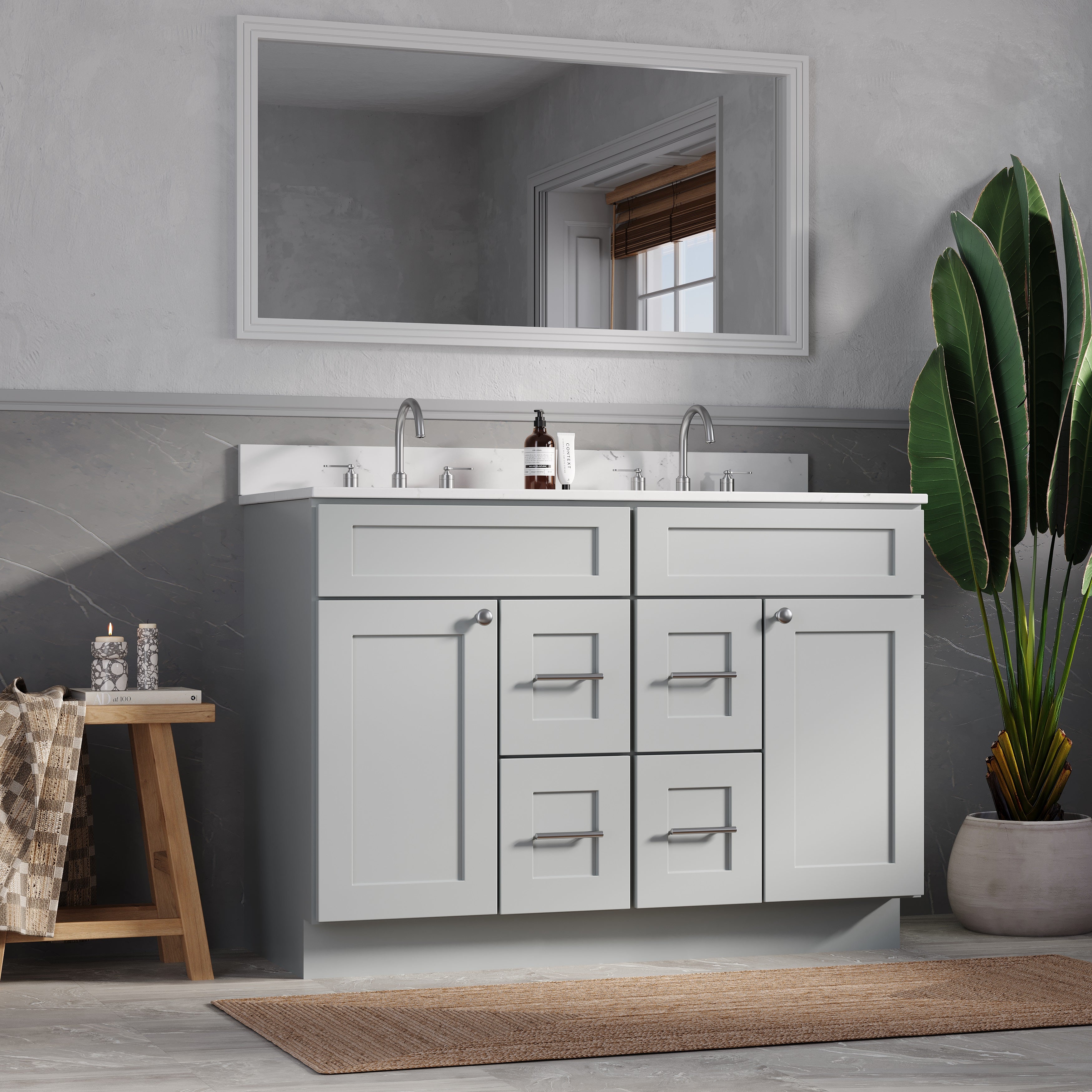 Disar 48" Double Bathroom Vanity Drawer With Carrara Quartz Top-side Splash&back Splash