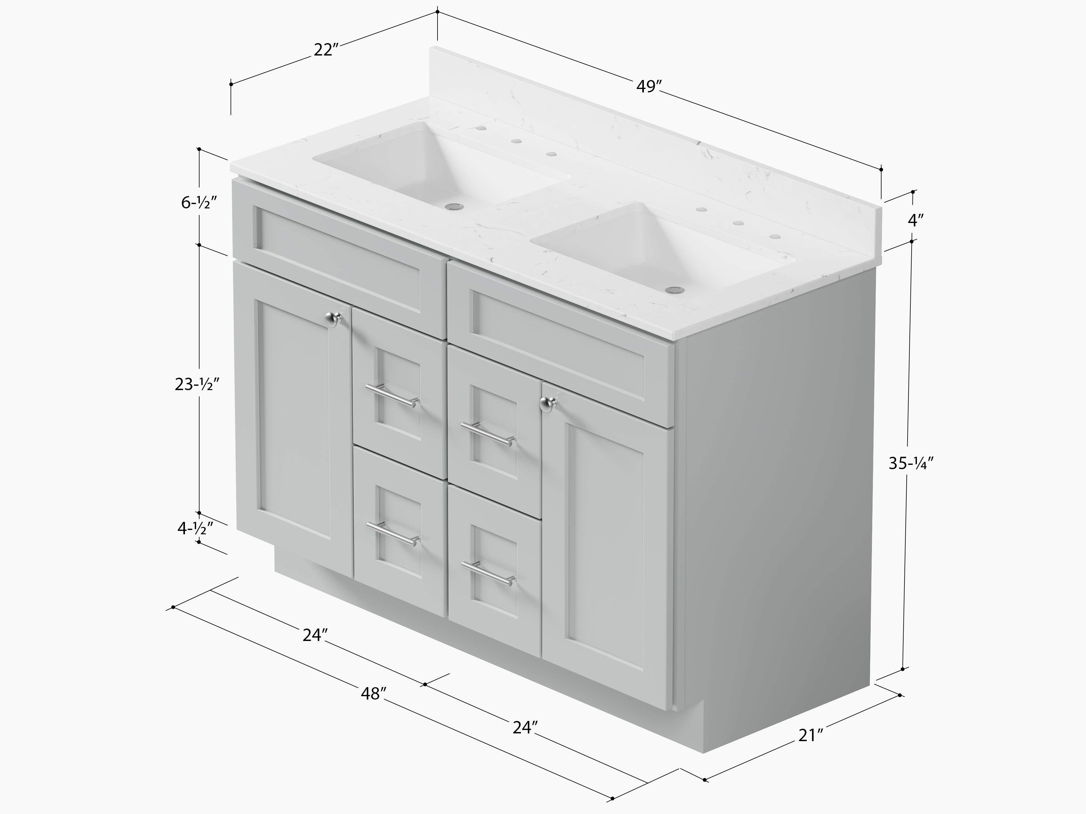 Disar 48" Double Bathroom Vanity Drawer With Carrara Quartz Top-side Splash&back Splash