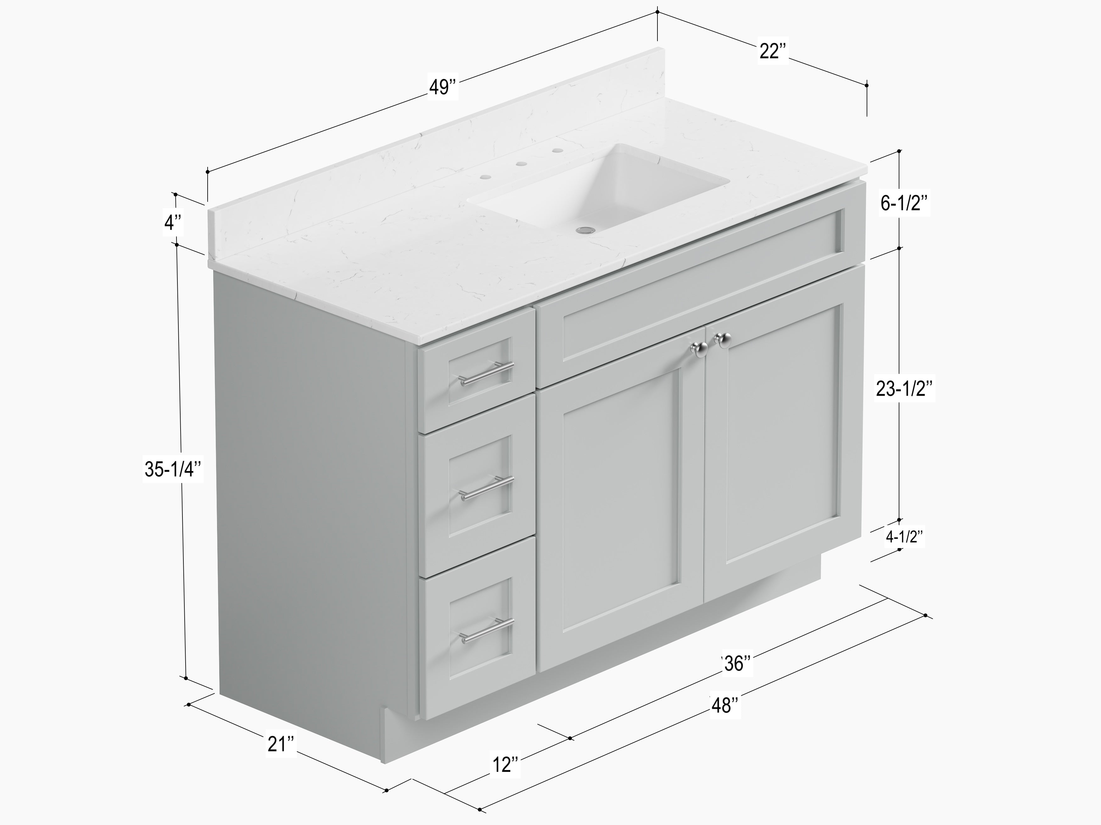 Disar 49'' Drawer Left Single Bathroom Vanity with Quartz Top