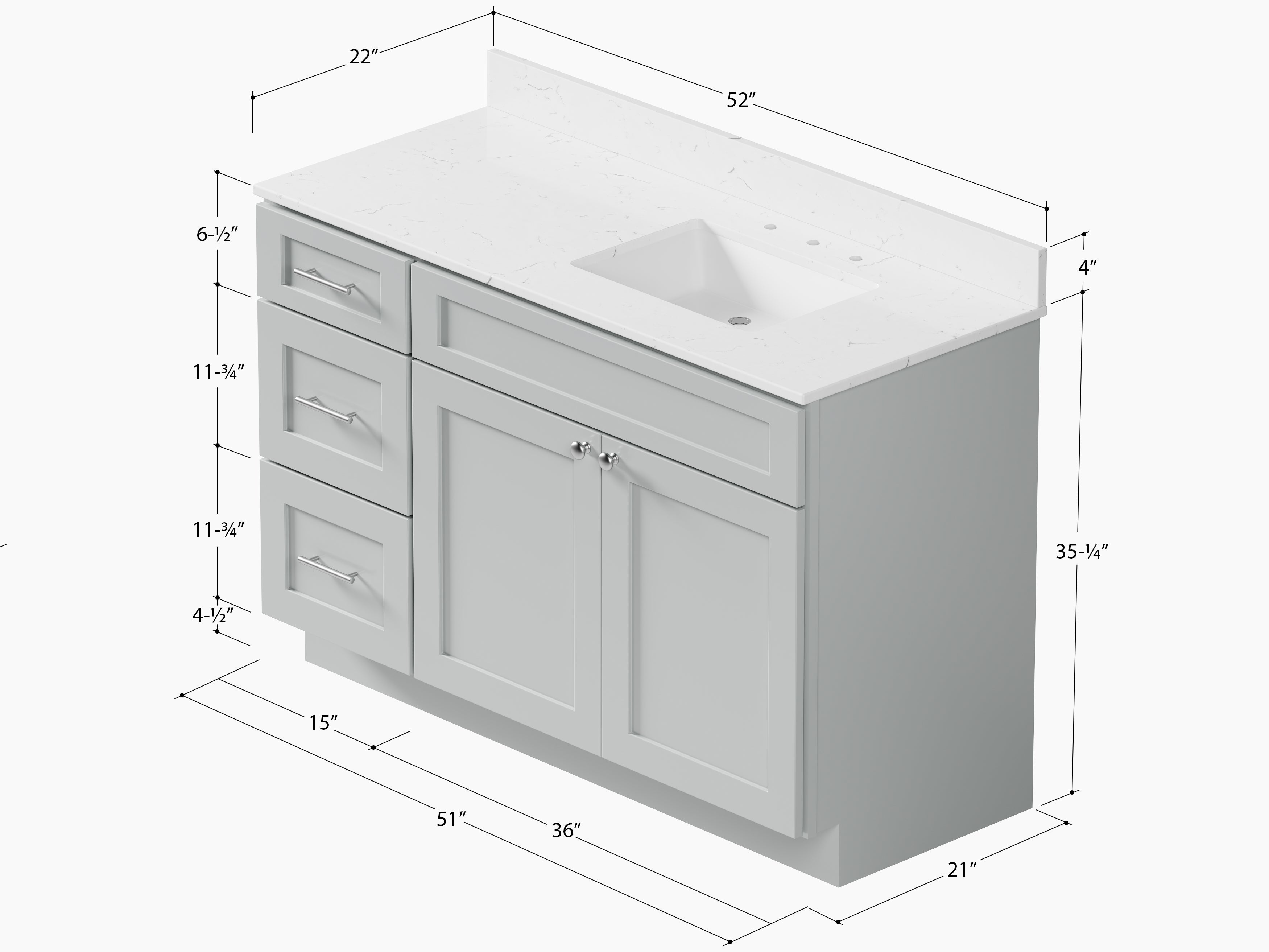 Disar 52'' Drawer Left Single Bathroom Vanity with Quartz Top