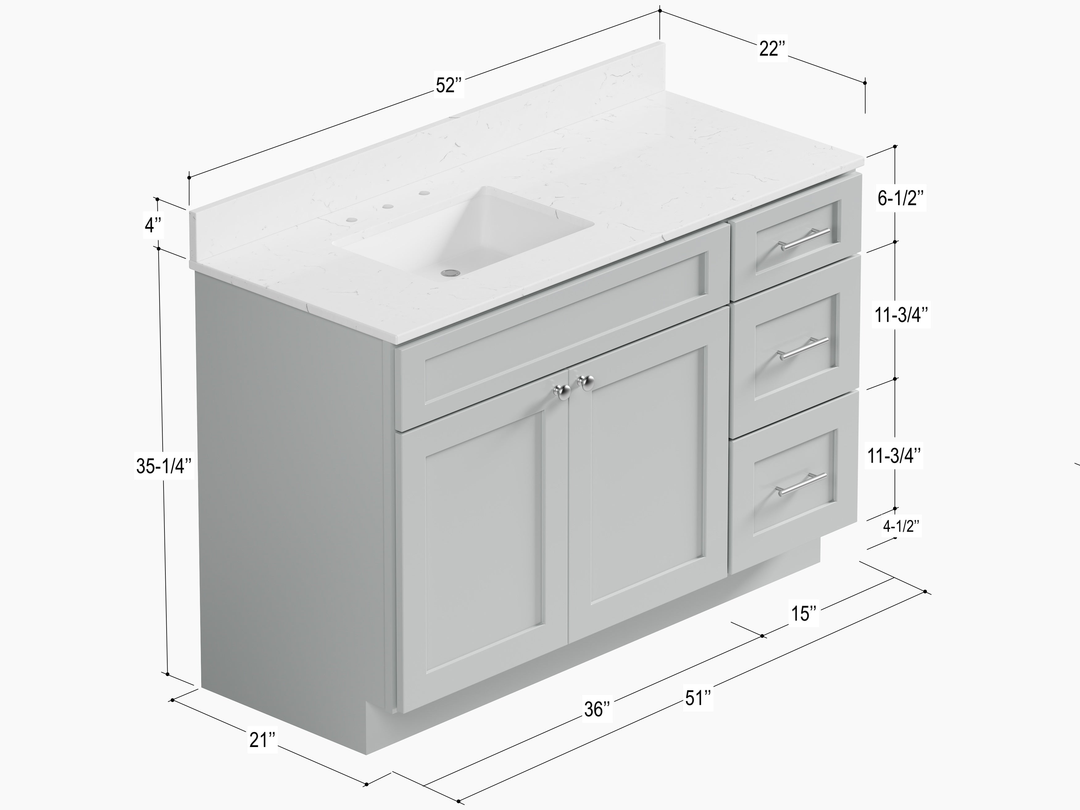 Disar 52'' DrawerLeft Single Bathroom Vanity with Quartz Top