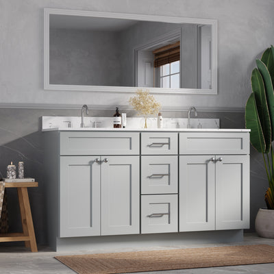 [color:Gray] 61'' Double Bathroom Vanity with Carrara Quartz Top - Gray finish view