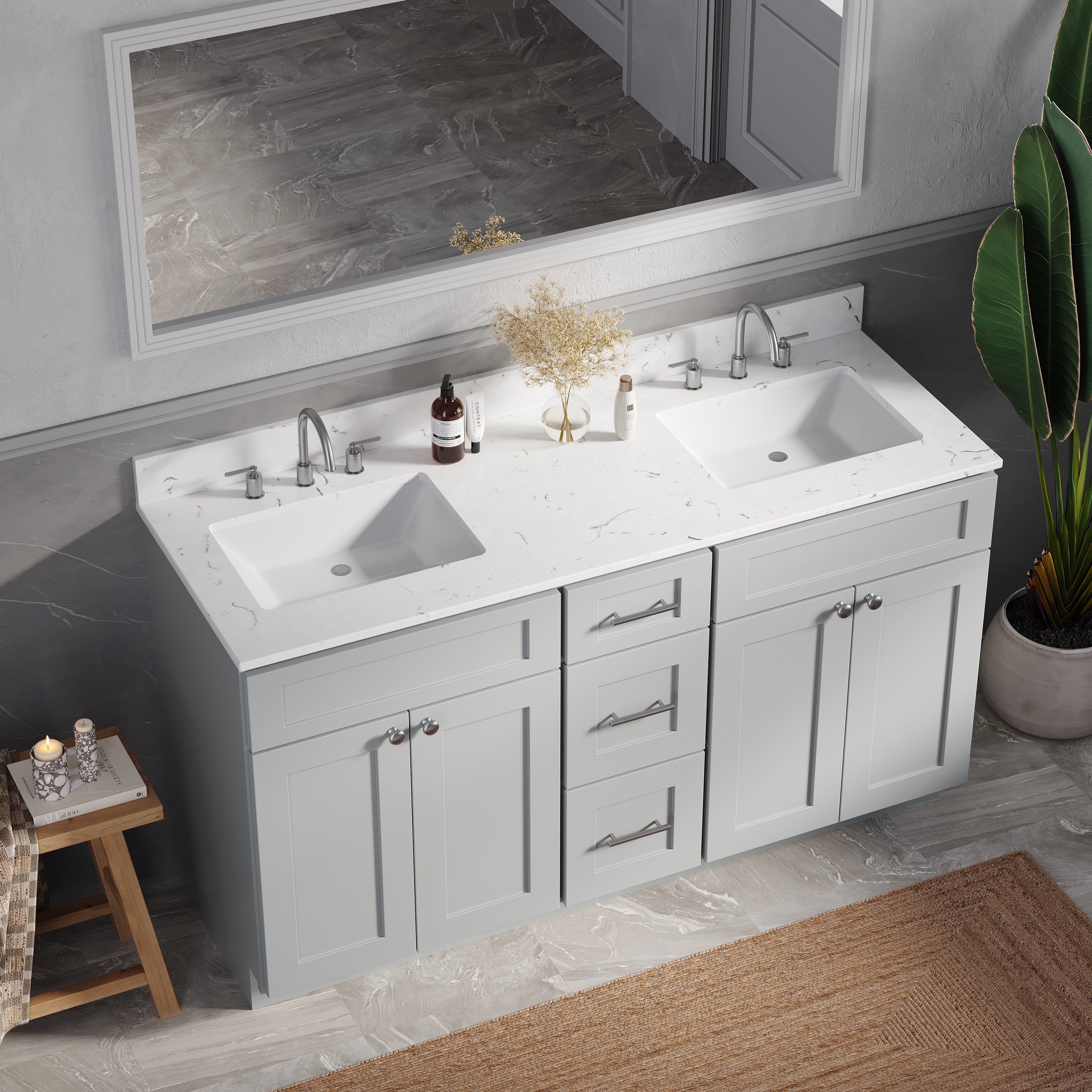 61'' Double Bathroom Vanity with Carrara Quartz Top