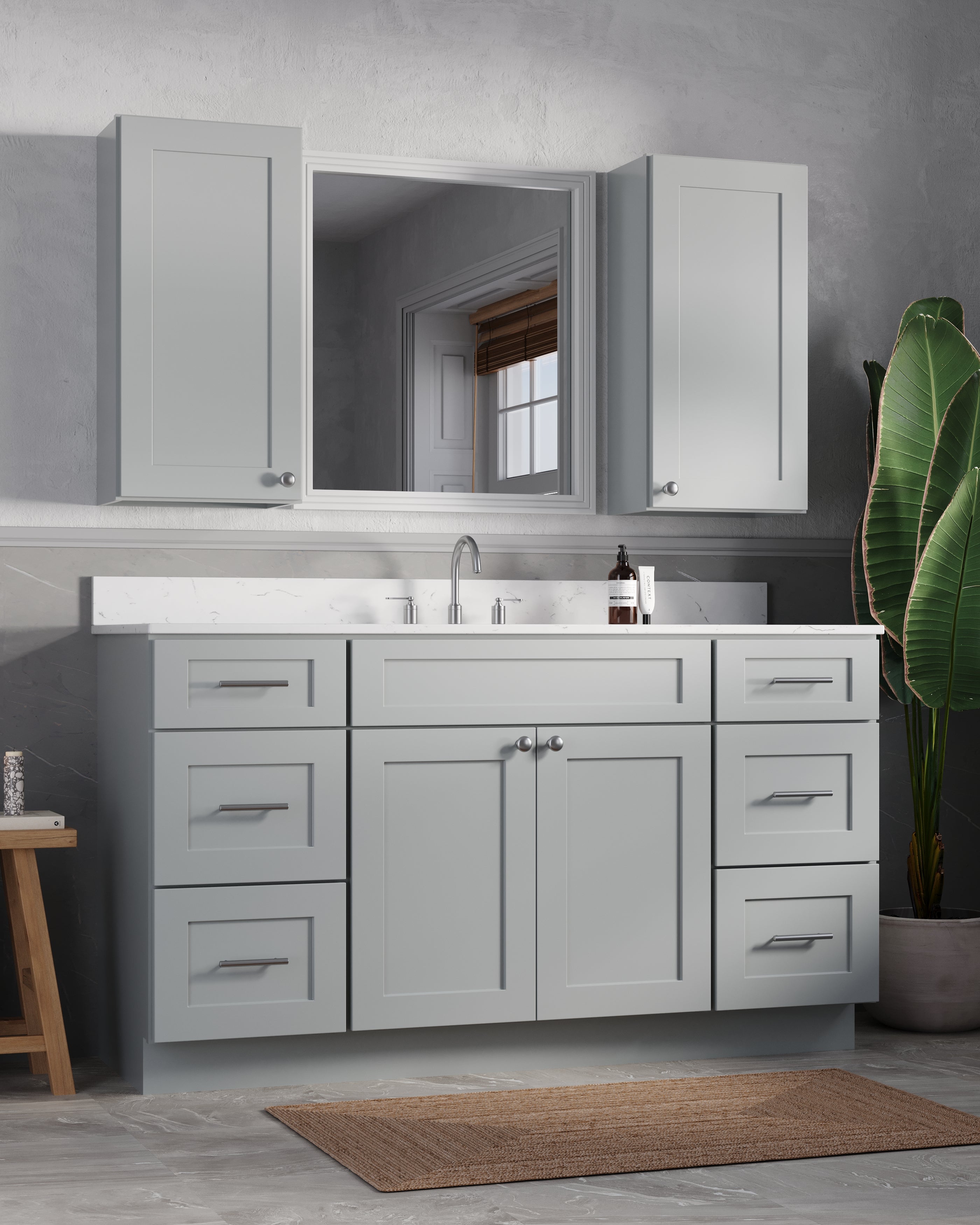 60" Single Bathroom Vanity With Carrara Quartz Top, Wall Cabinet
