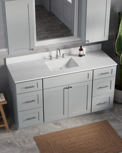 60" Single Bathroom Vanity With Carrara Quartz Top, Wall Cabinet