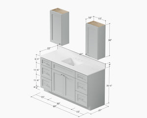 60" Single Bathroom Vanity With Carrara Quartz Top, Wall Cabinet