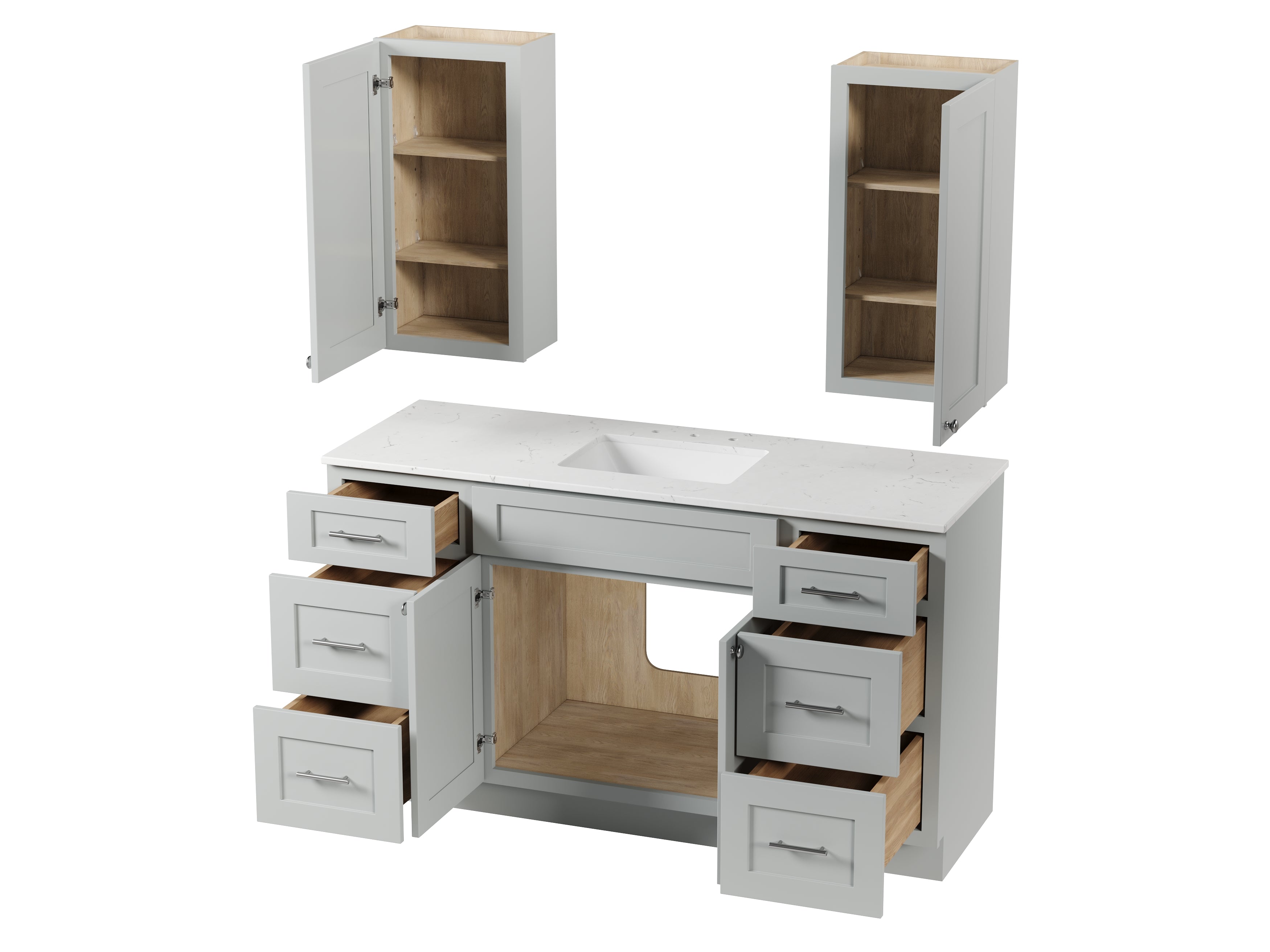 60" Single Bathroom Vanity With Carrara Quartz Top, Wall Cabinet