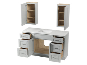 60" Single Bathroom Vanity With Carrara Quartz Top, Wall Cabinet