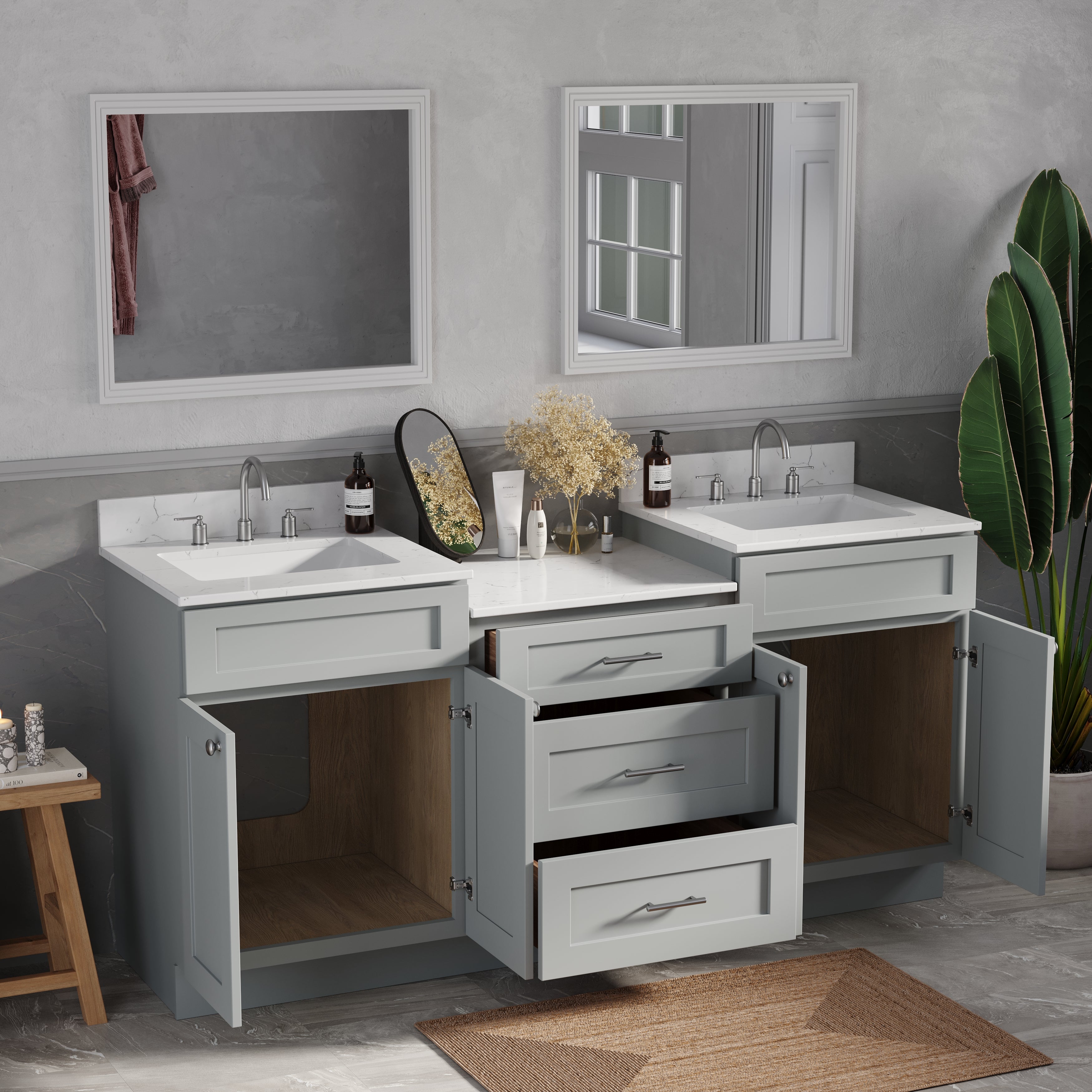 72'' Double Bathroom Vanity Cabinet Shaker Dovetail Solid Wood Drawer Carrara Quartz Top