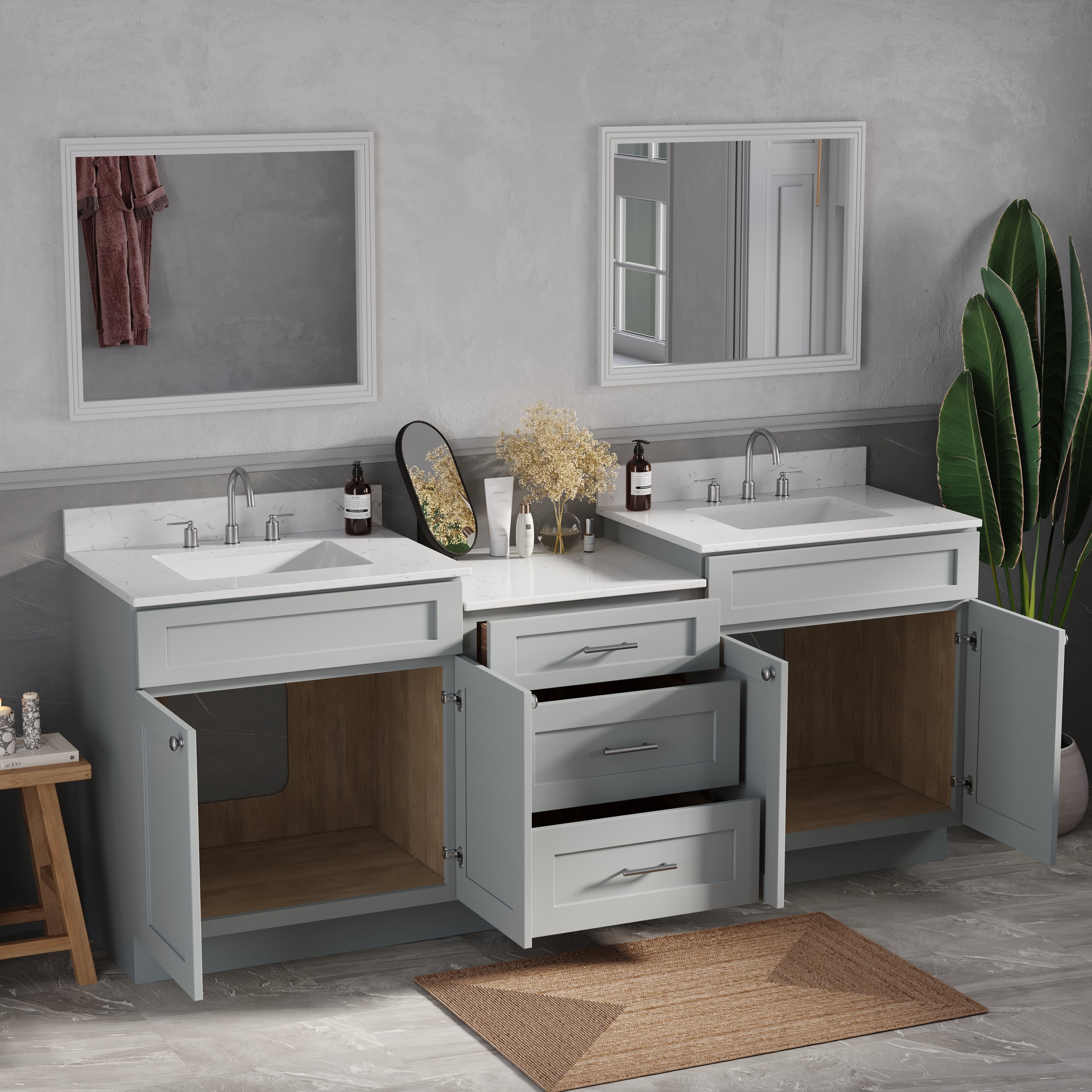 84'' Double Bathroom Vanity Cabinet Shaker Dovetail Solid Wood Drawer Carrara Quartz Top