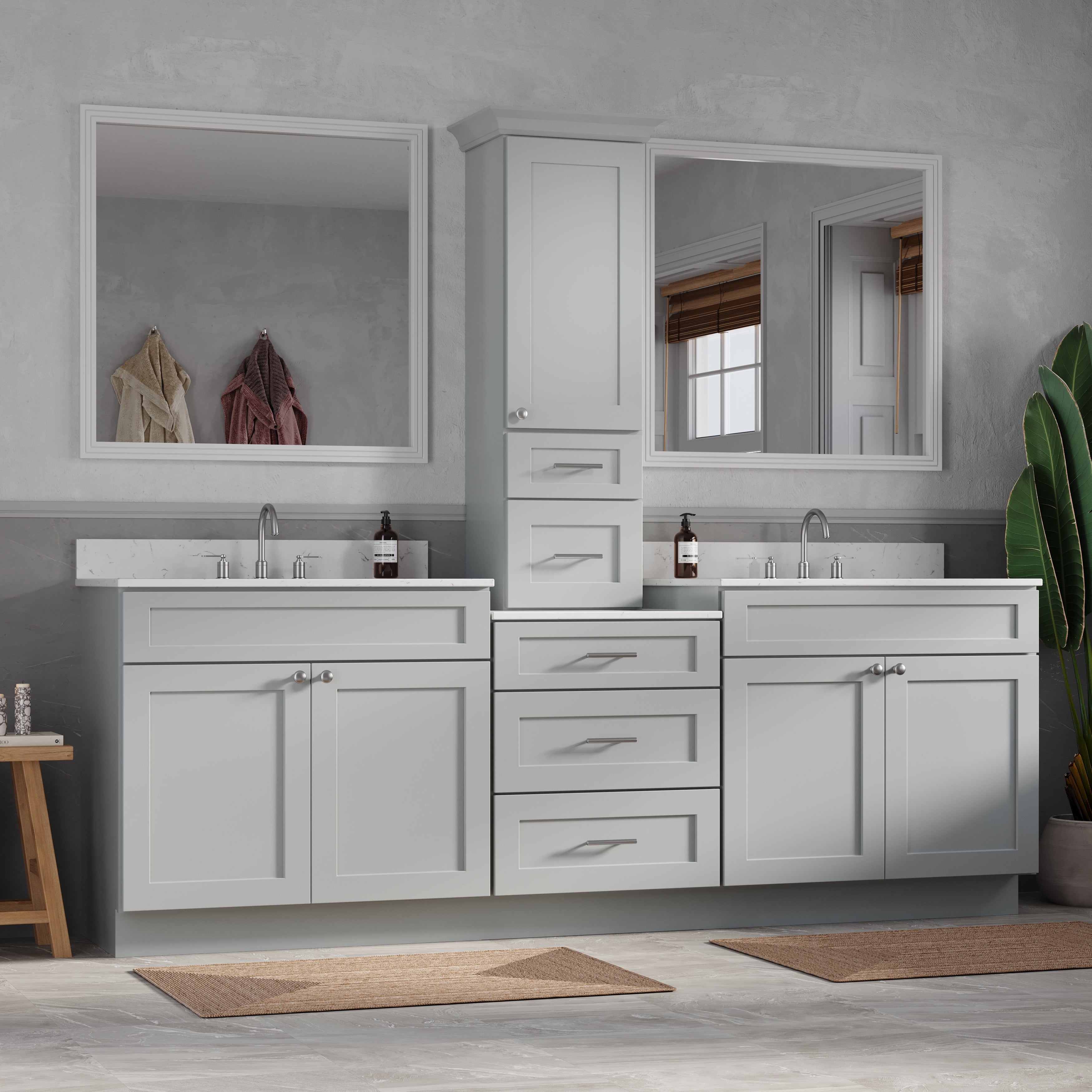 96'' Double Bathroom Vanity With Counter Top Tall Cabinet Shaker Dovetail Solid Wood Drawer Carrara Quartz Top