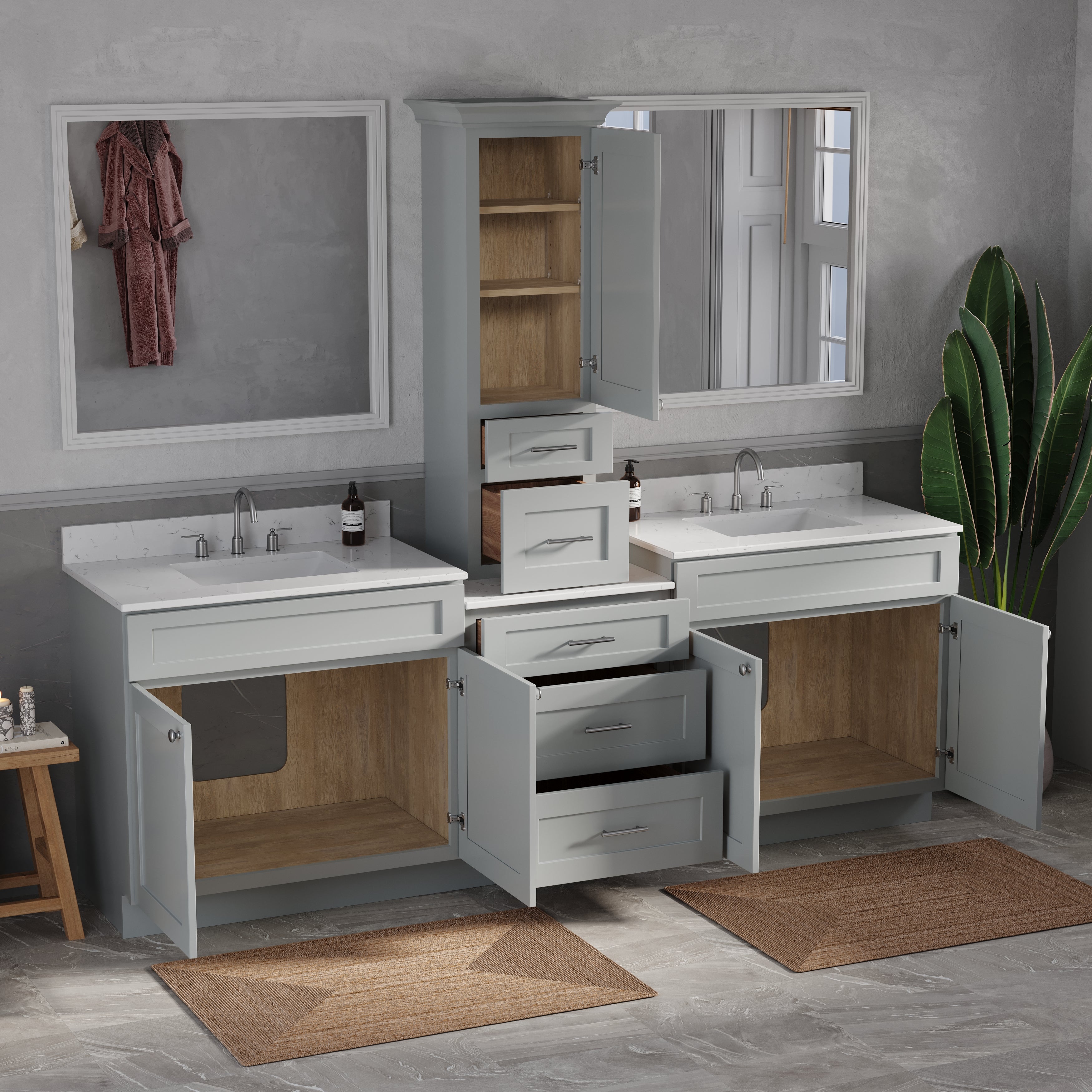 96'' Double Bathroom Vanity With Counter Top Tall Cabinet Shaker Dovetail Solid Wood Drawer Carrara Quartz Top
